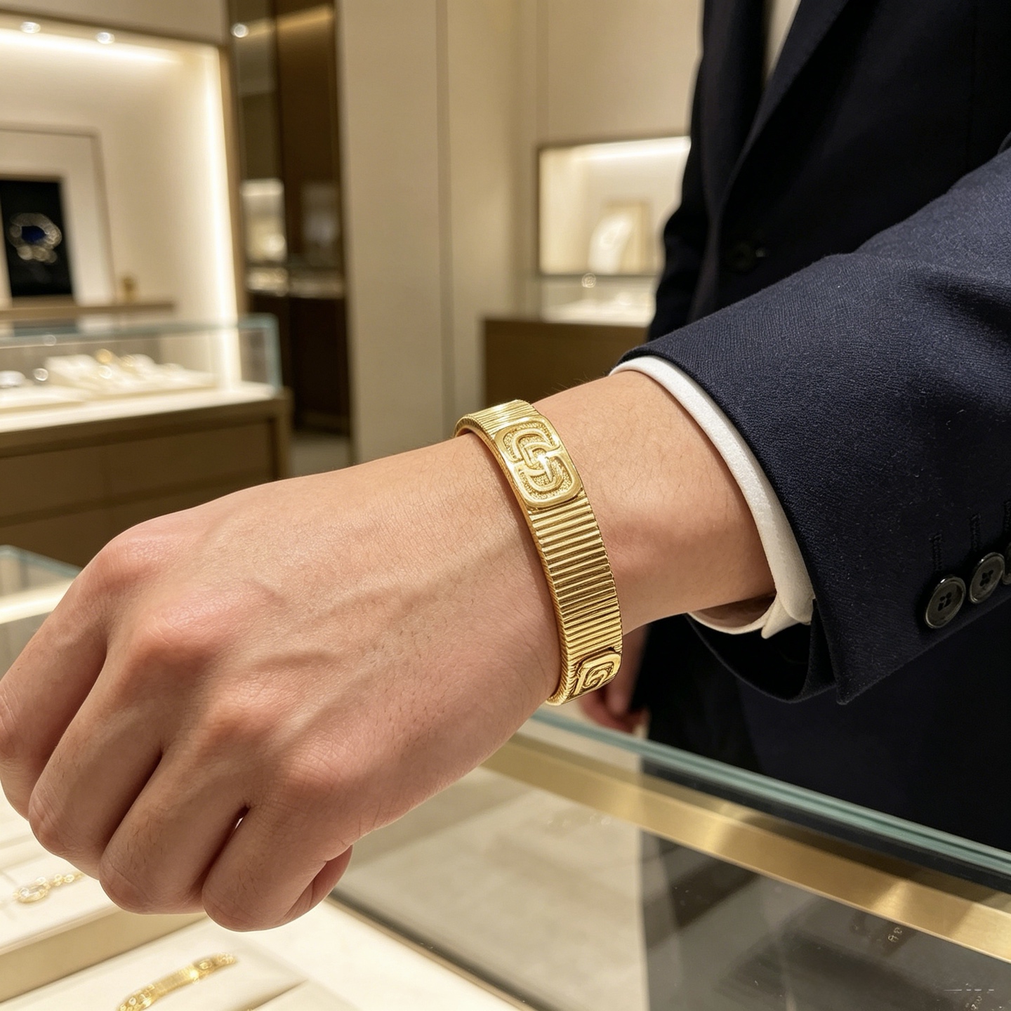 BVLGARI 復刻 寬版金色手鐲 幾何紋理設計 個性款
