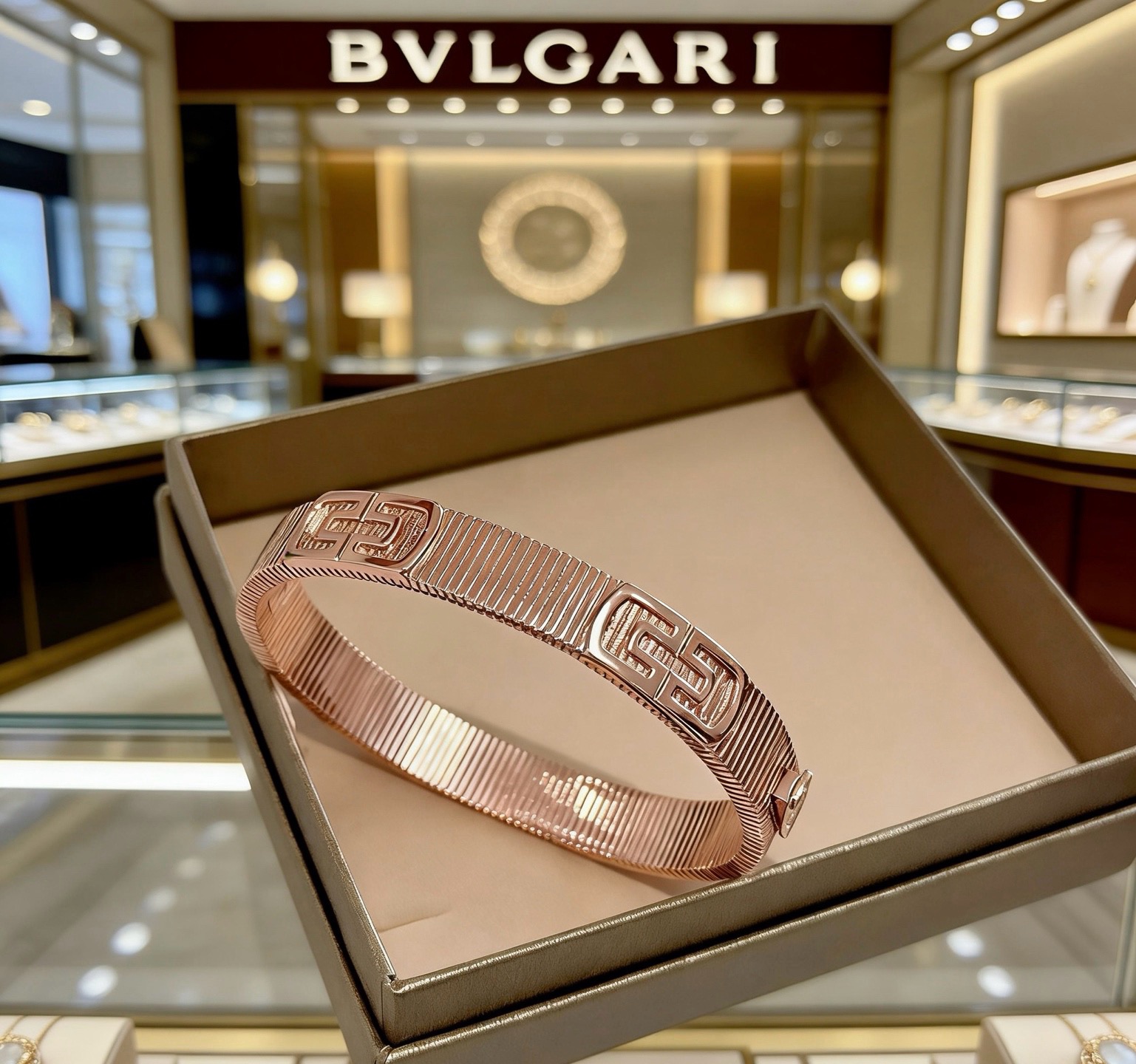 BVLGARI 原單 玫瑰金寬版手鐲 幾何雕紋設計 高級款