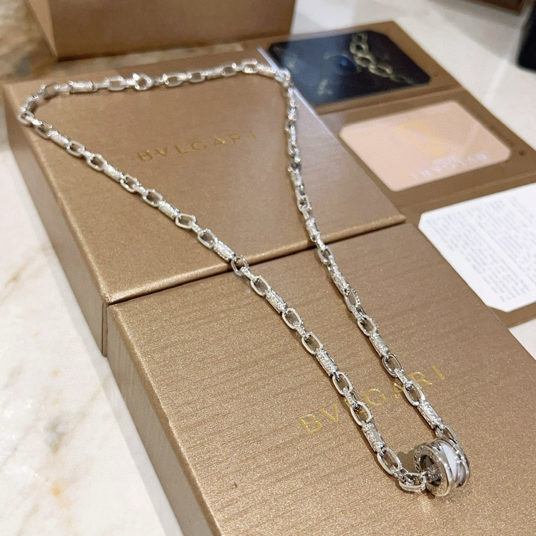 BVLGARI 圓環鏈條項鏈 白貝母雙圈設計鎖骨鏈百搭款