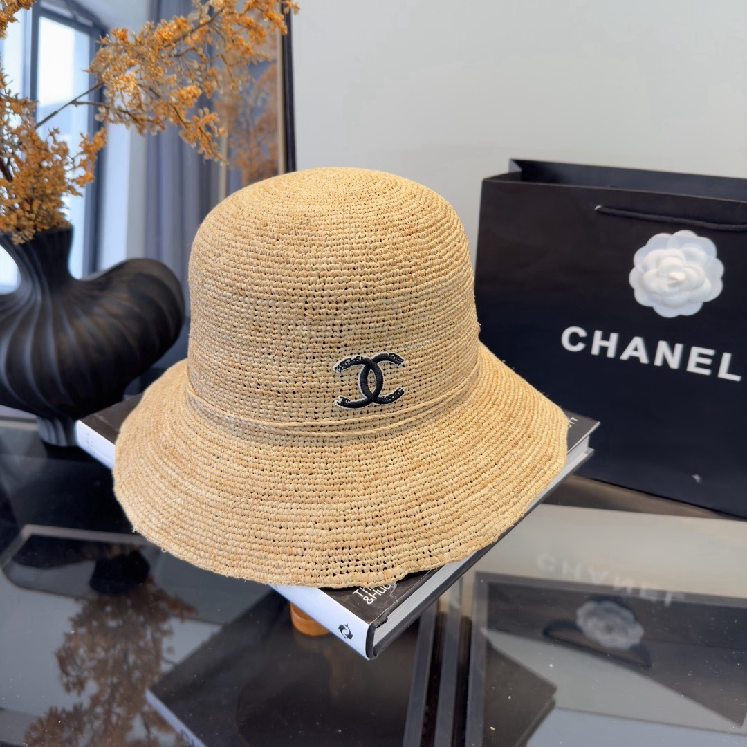 Chanel高仿草編漁夫帽女夏季防曬透氣小香風度假百搭款