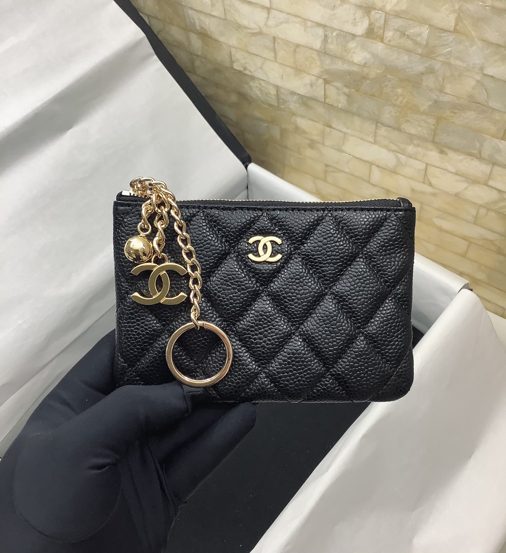 Chanel高仿菱格鏈條零錢包女士款黑色魚子醬皮迷你精品小包