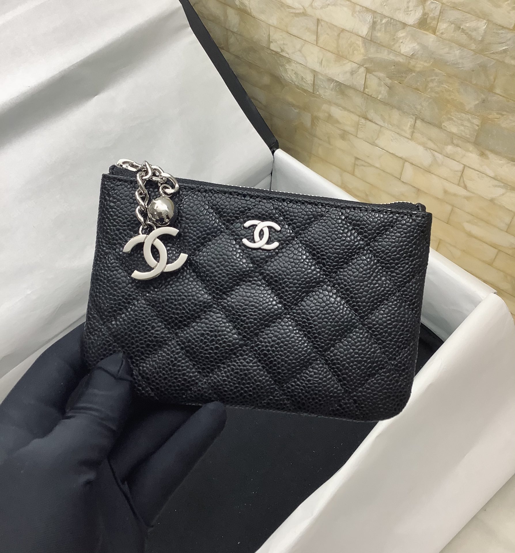 Chanel一比一菱格拉鍊零錢包女士款黑色經典雙C鏈條精品卡包