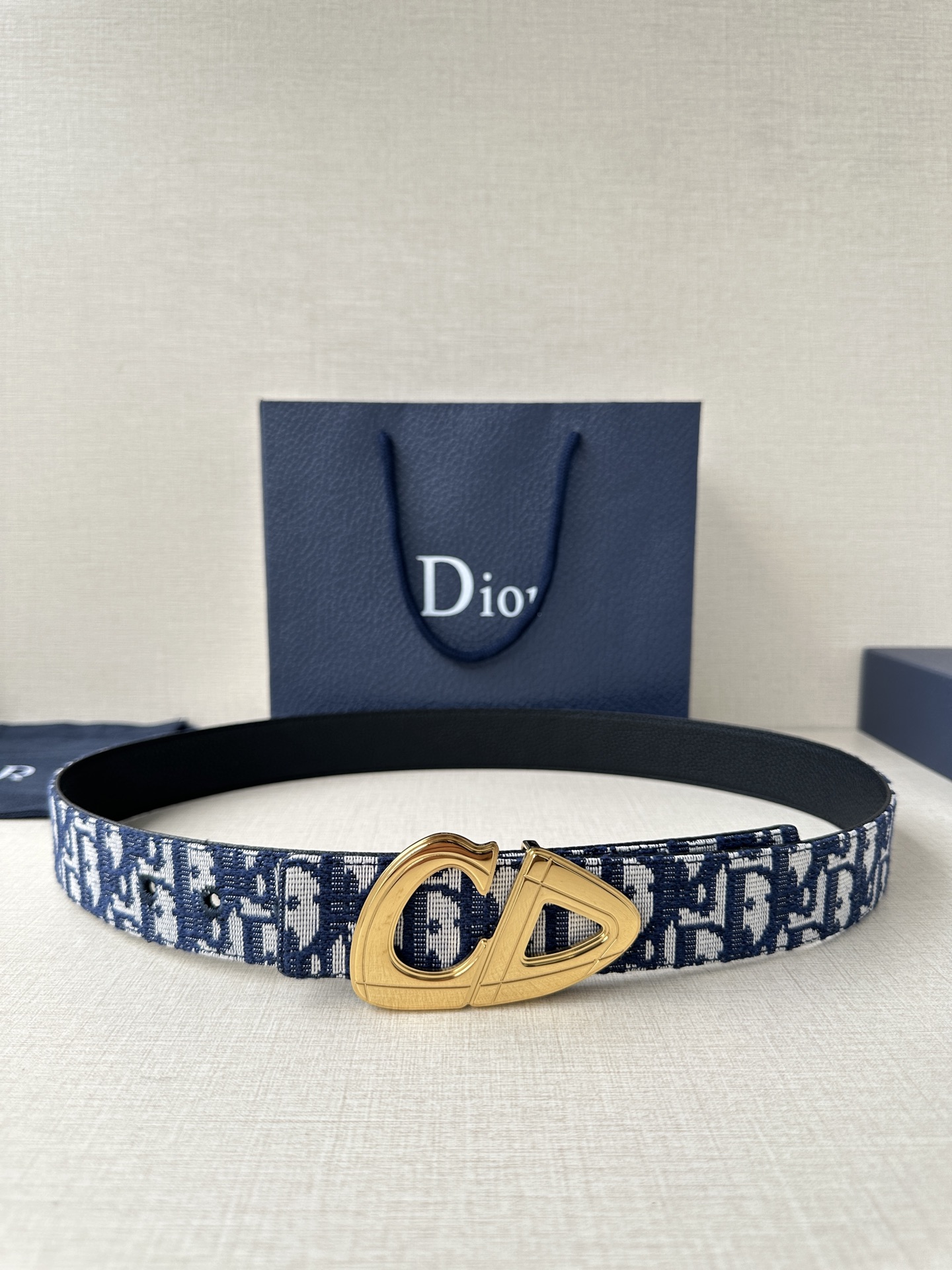 Dior原單男女款CD藍白老花帆布皮帶時尚百搭休閒通勤設計款