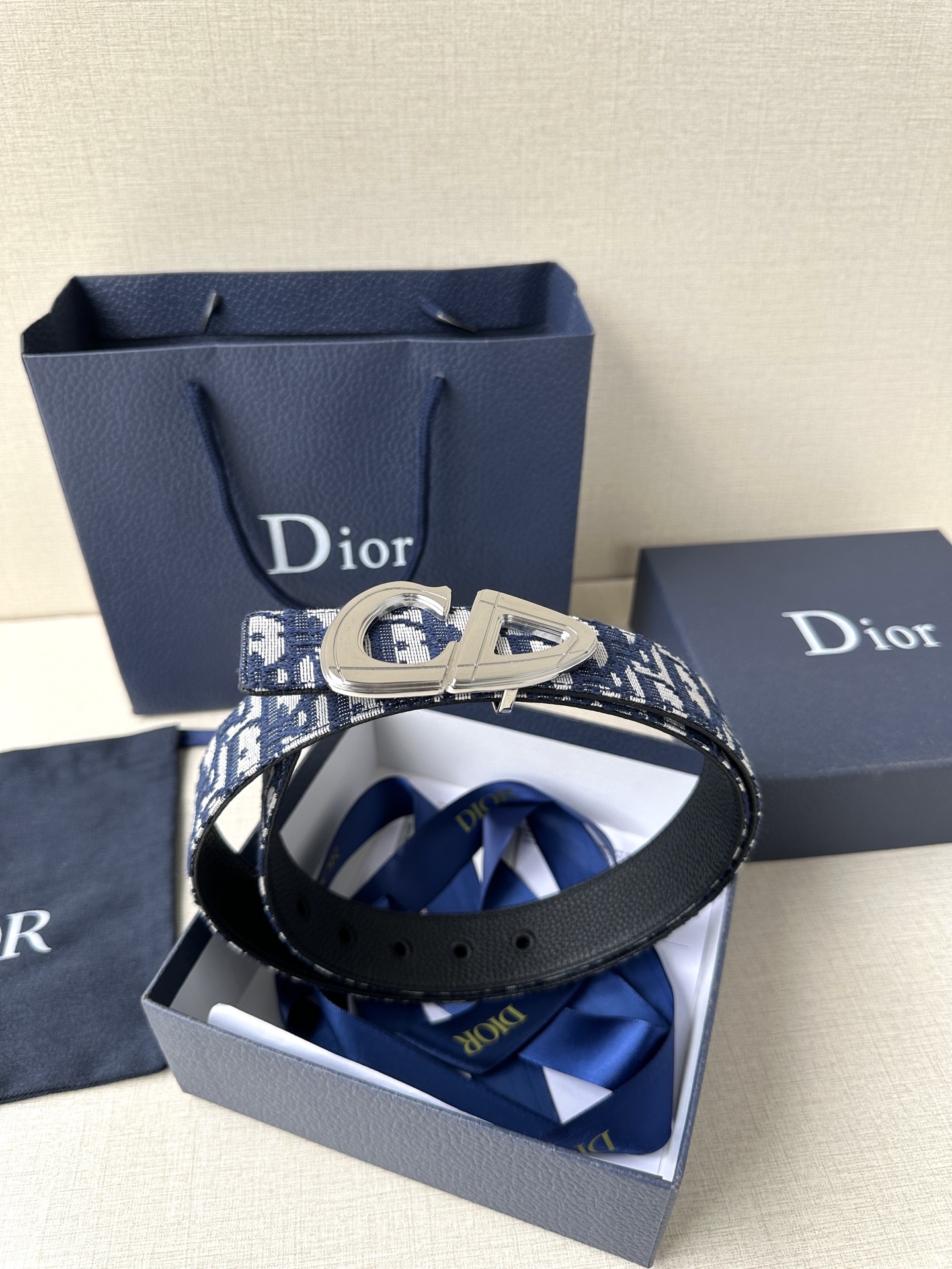 Dior原單男女款CD藍白老花帆布皮帶時尚百搭休閒通勤設計款| 7 Dior原單男女款CD藍白老花帆布皮帶時尚百搭休閒通勤設計款