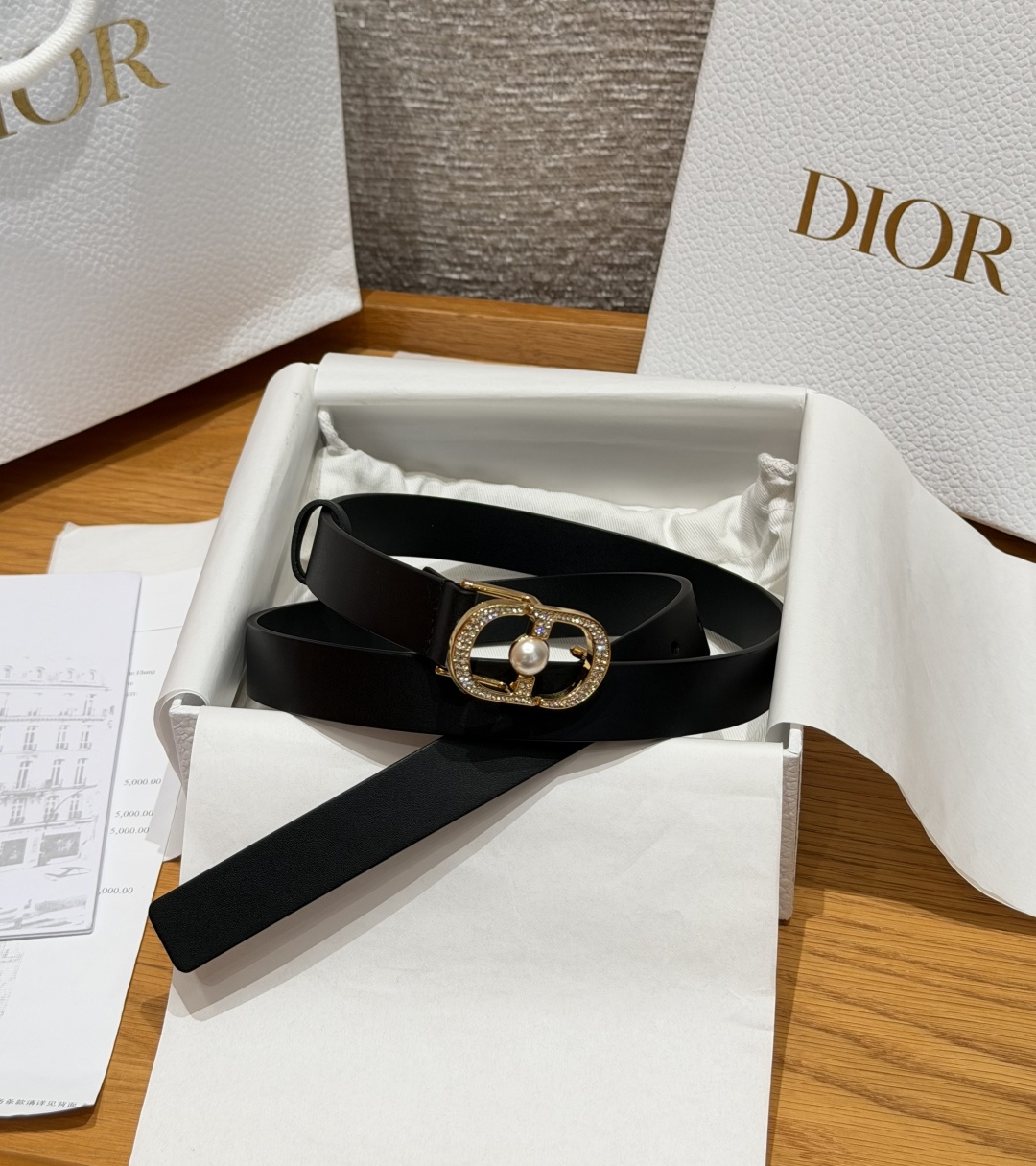 Dior原單女士CD珍珠鑲嵌皮帶黑色優雅氣質百搭輕奢設計款