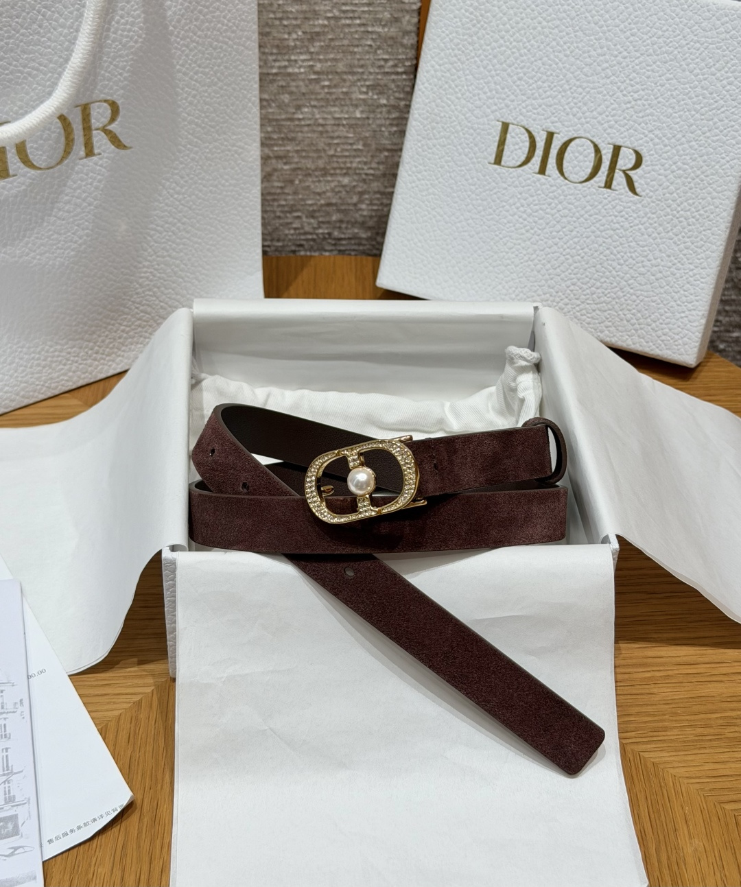 Dior一比一女士CD珍珠細腰帶咖啡色復古質感優雅百搭設計款