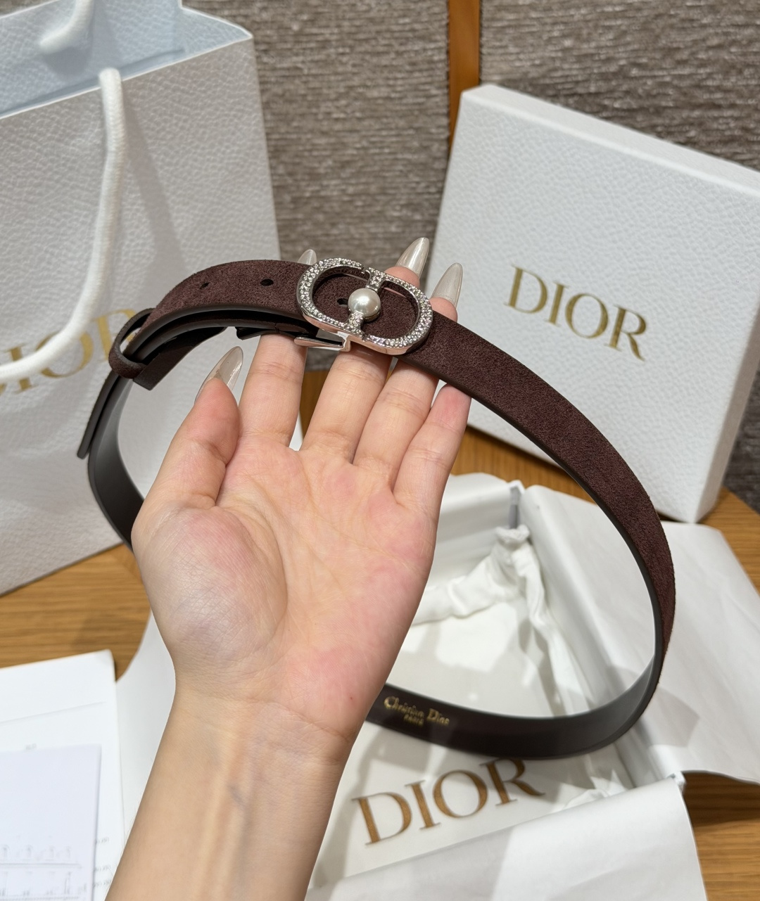 Dior原單女士CD珍珠細腰帶咖啡色麂皮質感氣質百搭設計款