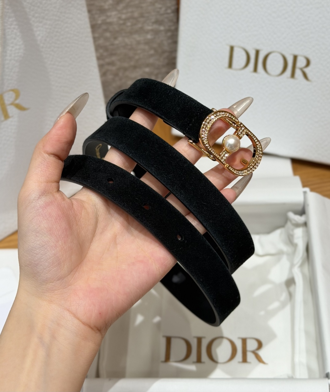 Dior高仿女士CD珍珠細腰帶黑色經典百搭優雅氣質時尚款
