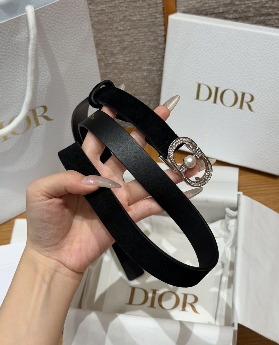 DiorA貨女士CD珍珠細腰帶黑色麂皮設計優雅氣質百搭款