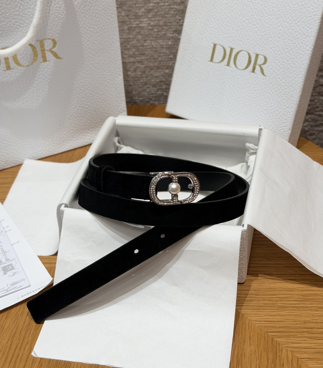 DiorA貨女士CD珍珠細腰帶黑色麂皮設計優雅氣質百搭款