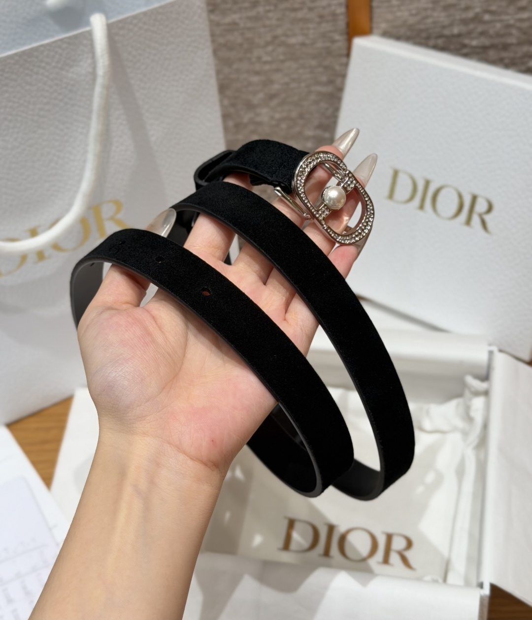 DiorA貨女士CD珍珠細腰帶黑色麂皮設計優雅氣質百搭款