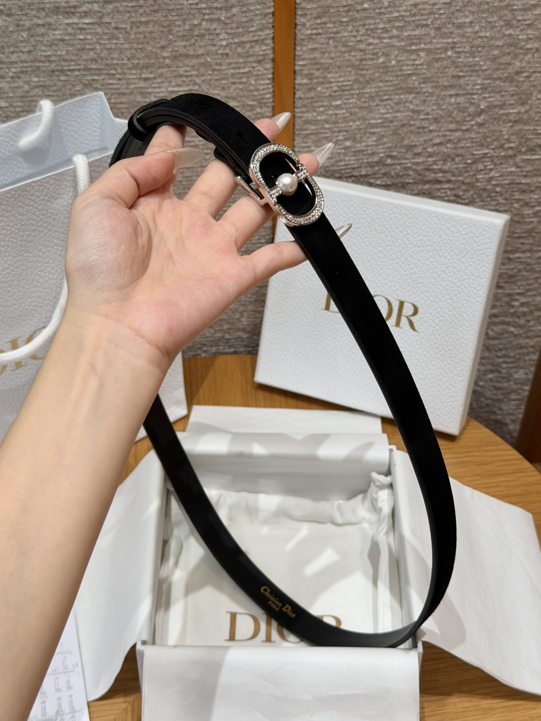 DiorA貨女士CD珍珠細腰帶黑色麂皮設計優雅氣質百搭款