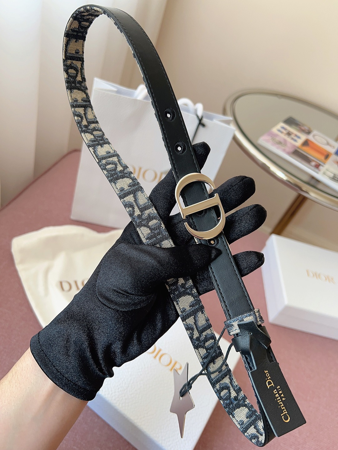 Dior高仿女士Oblique老花細腰帶CD金扣經典復古氣質百搭款
