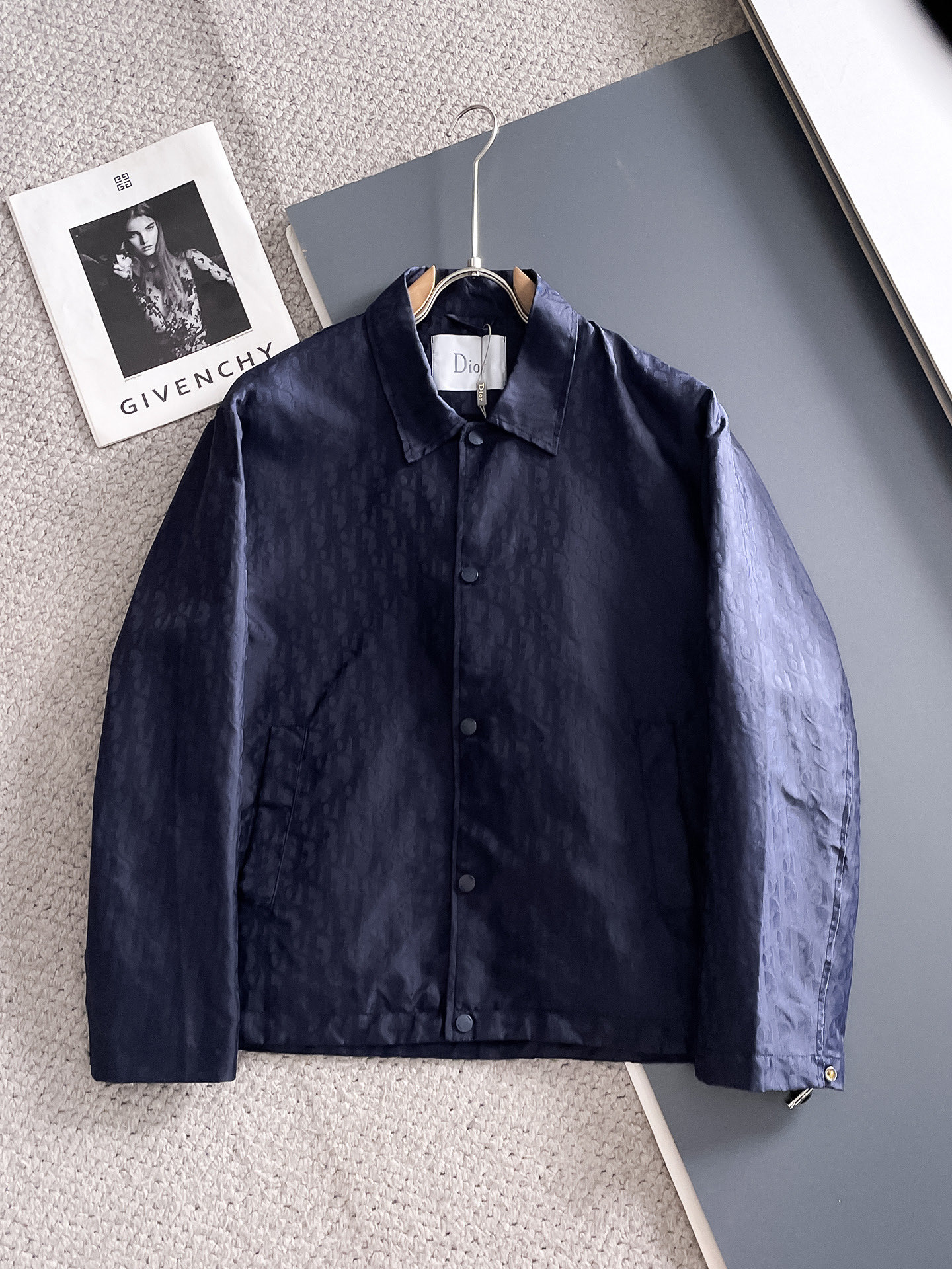 Dior A貨滿版LOGO防風外套 深藍色翻領款