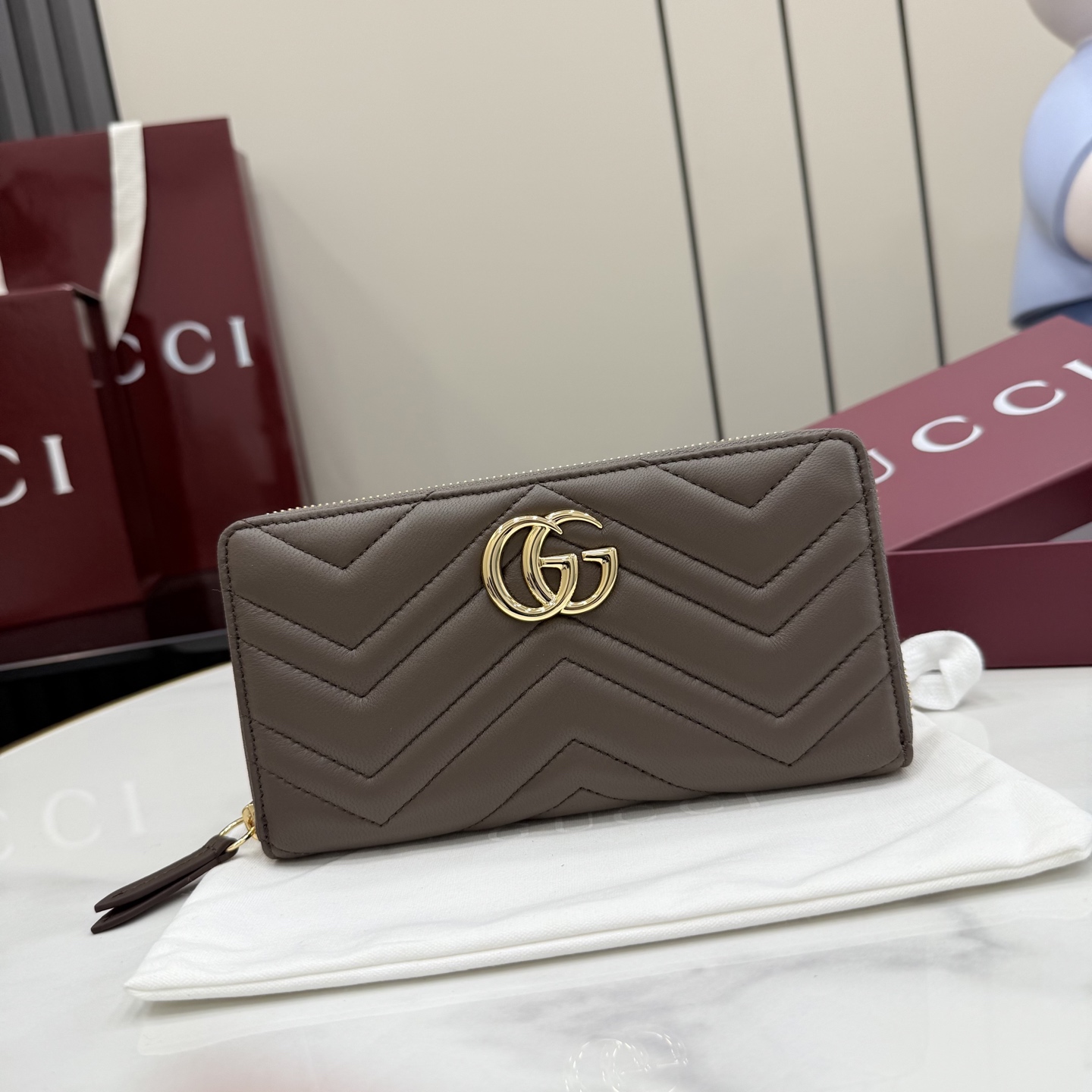Gucci高仿GG Marmont拉鍊長夾女士款菱格紋復古百搭精品手拿包
