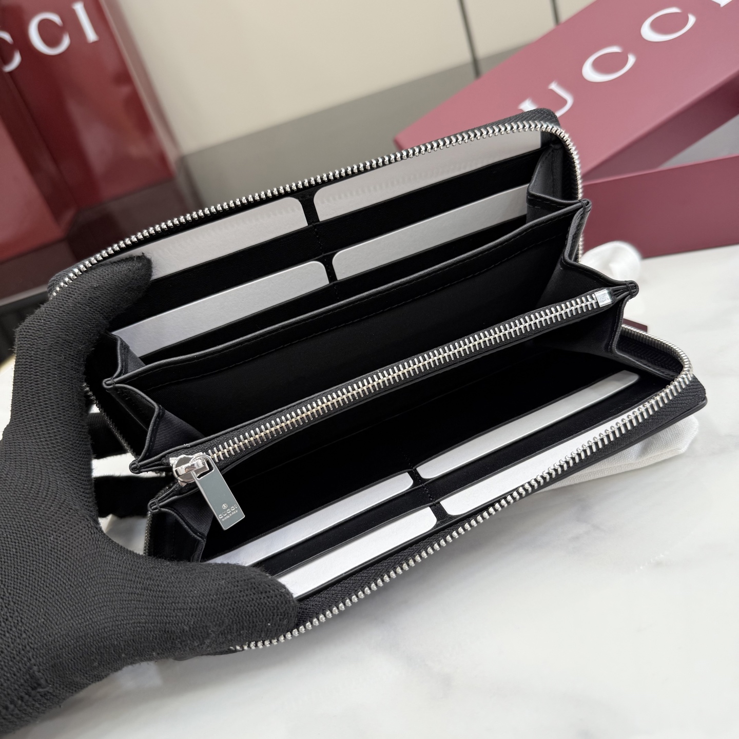 GucciA貨GG壓紋拉鍊長夾女士款黑色大容量時尚精品手拿包| 8 GucciA貨GG壓紋拉鍊長夾女士款黑色大容量時尚精品手拿包