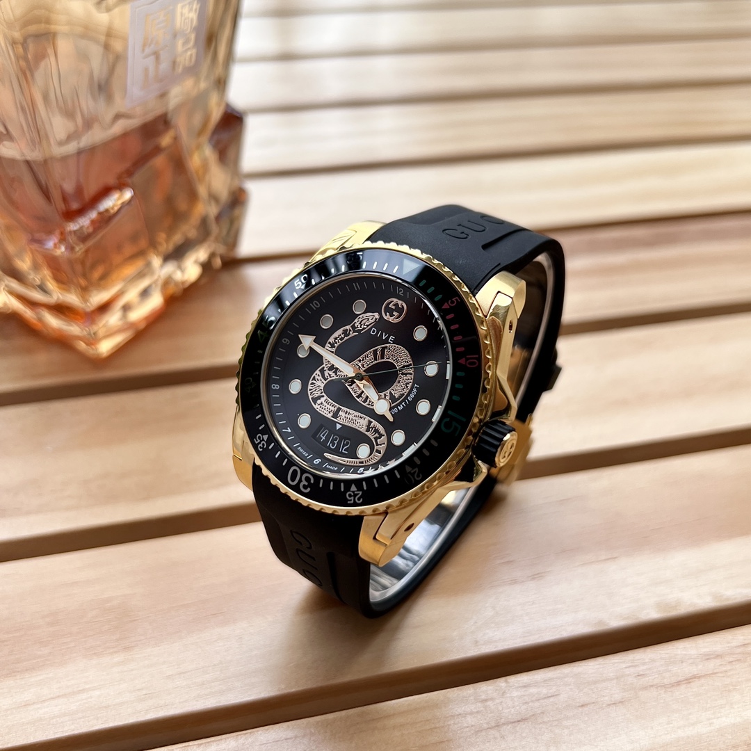 Gucci原單 Dive 系列 蛇紋圖案 潛水腕錶 黑色橡膠錶帶