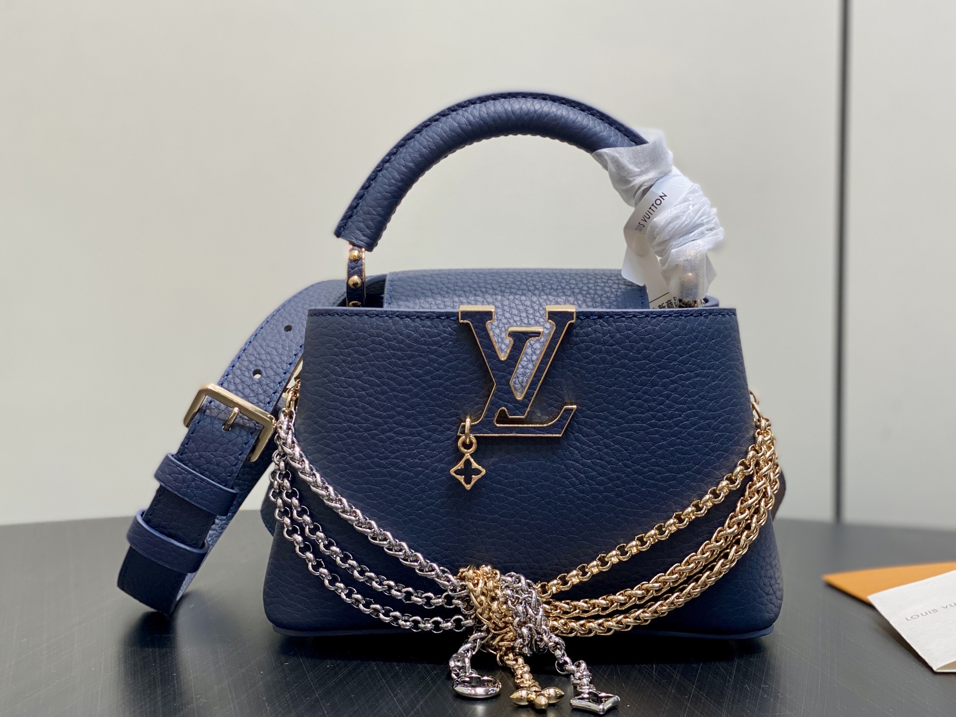 LV原單Capucines藍色鏈條手提包氣質斜背兩用款
