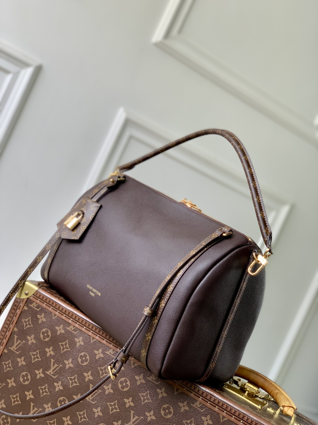 LV 原單 深棕色皮革 手提單肩包 老花拼接款| 14 LV 原單 深棕色皮革 手提單肩包 老花拼接款