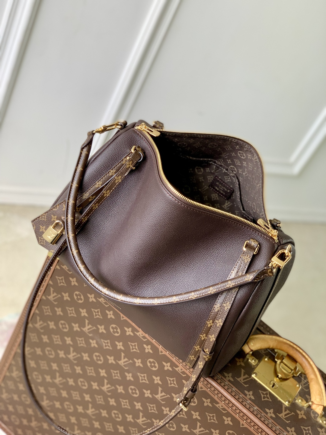 LV 原單 深棕色皮革 手提單肩包 老花拼接款| 7 LV 原單 深棕色皮革 手提單肩包 老花拼接款