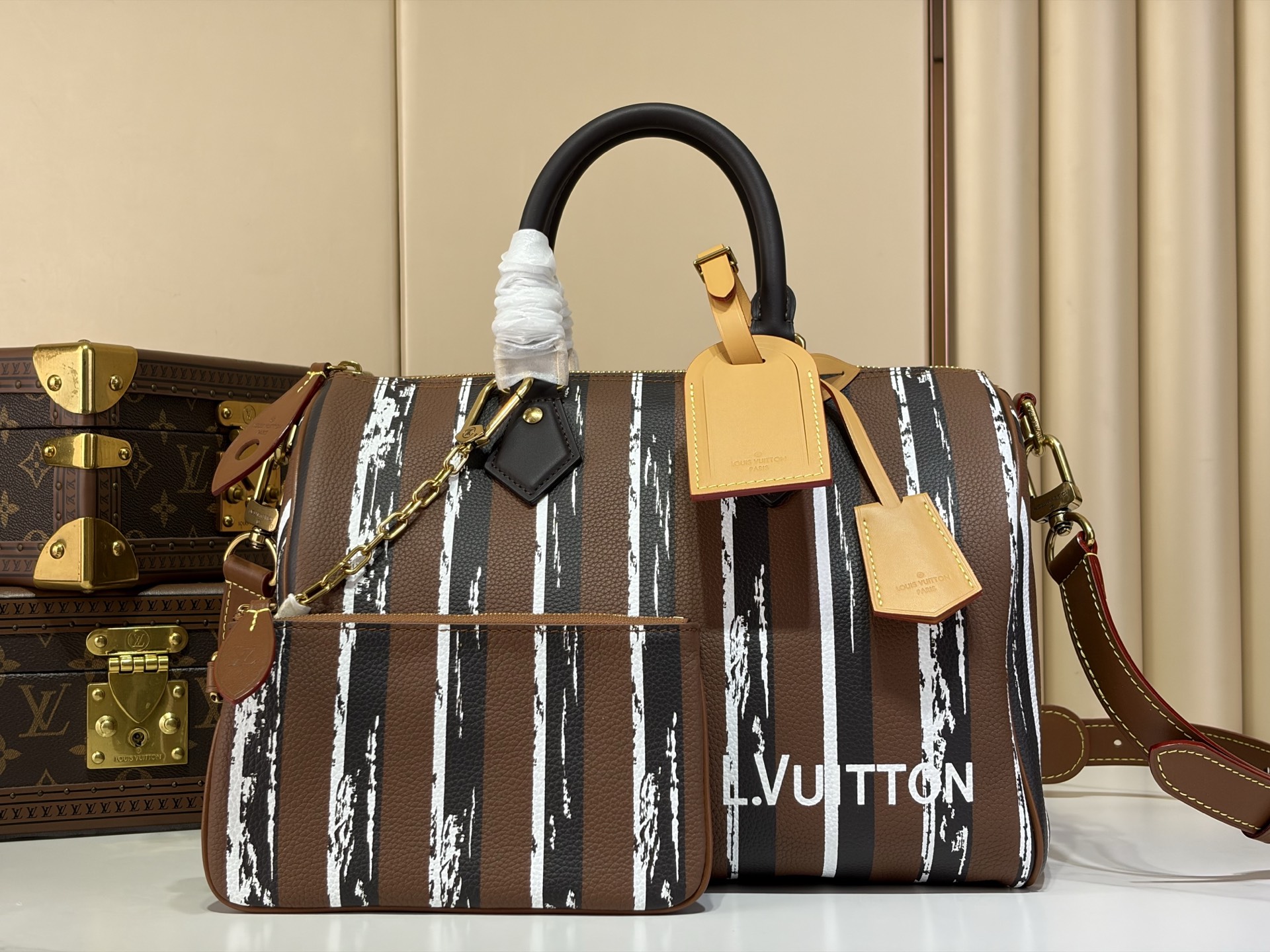 LV 一比一 條紋拼色旅行包 大容量手提單肩包 Keepall款