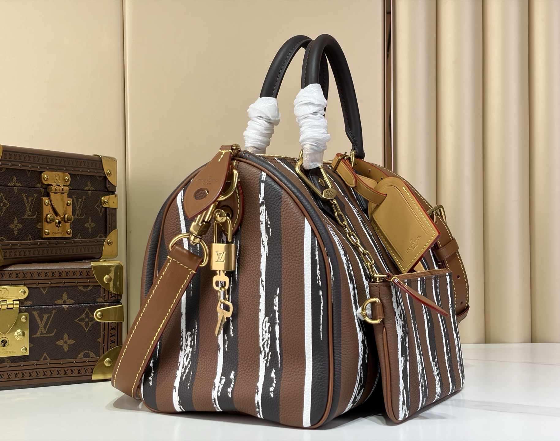 LV 一比一 條紋拼色旅行包 大容量手提單肩包 Keepall款