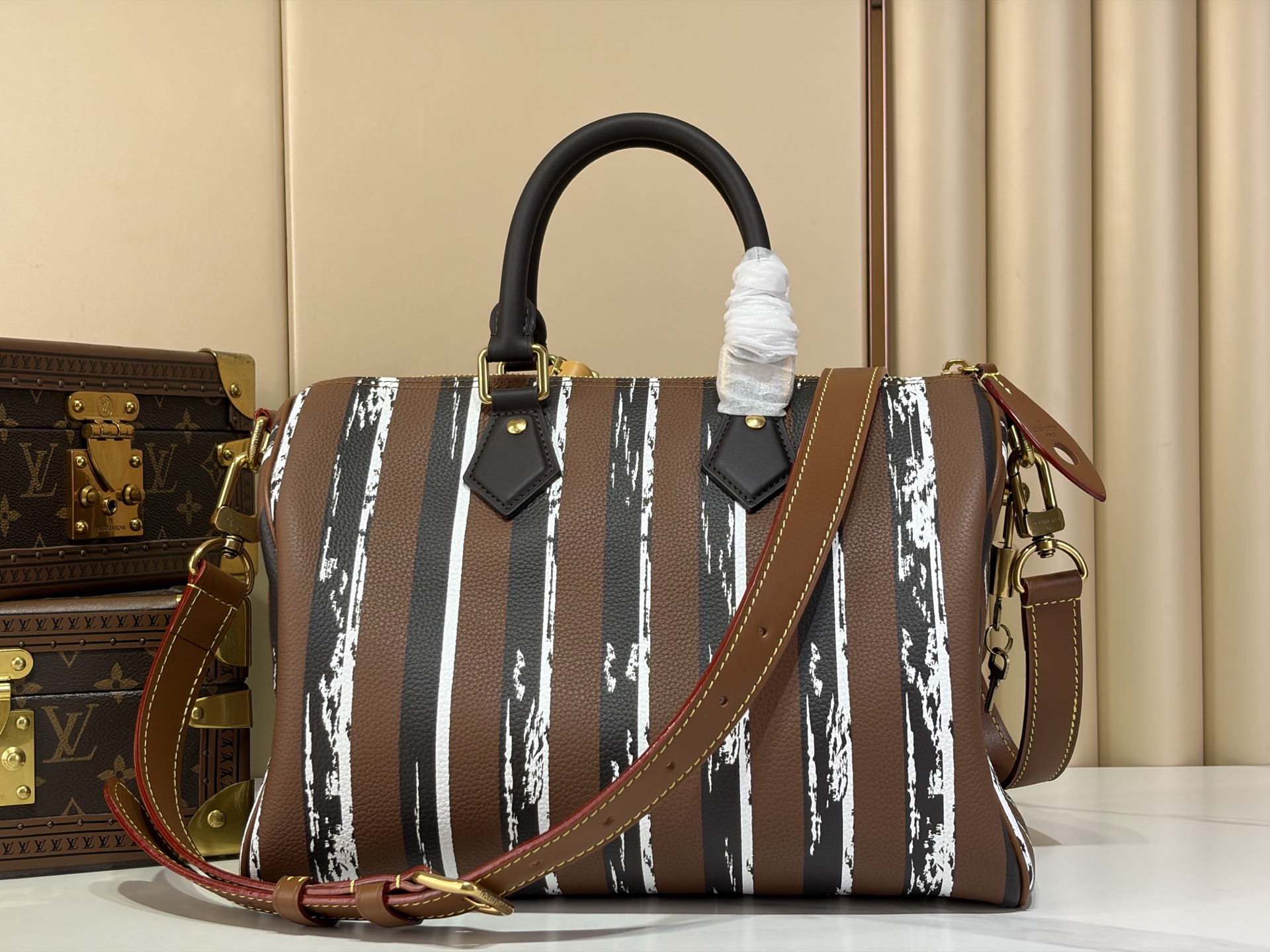 LV 一比一 條紋拼色旅行包 大容量手提單肩包 Keepall款