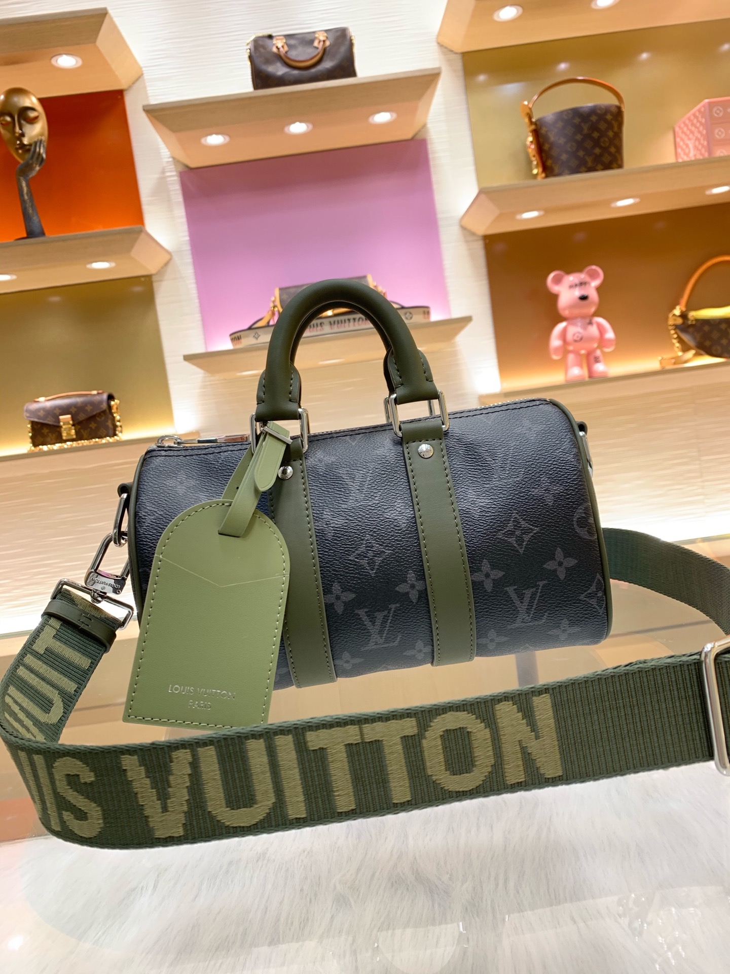 LV A貨 迷你Keepall手提包 黑灰老花斜挎小包