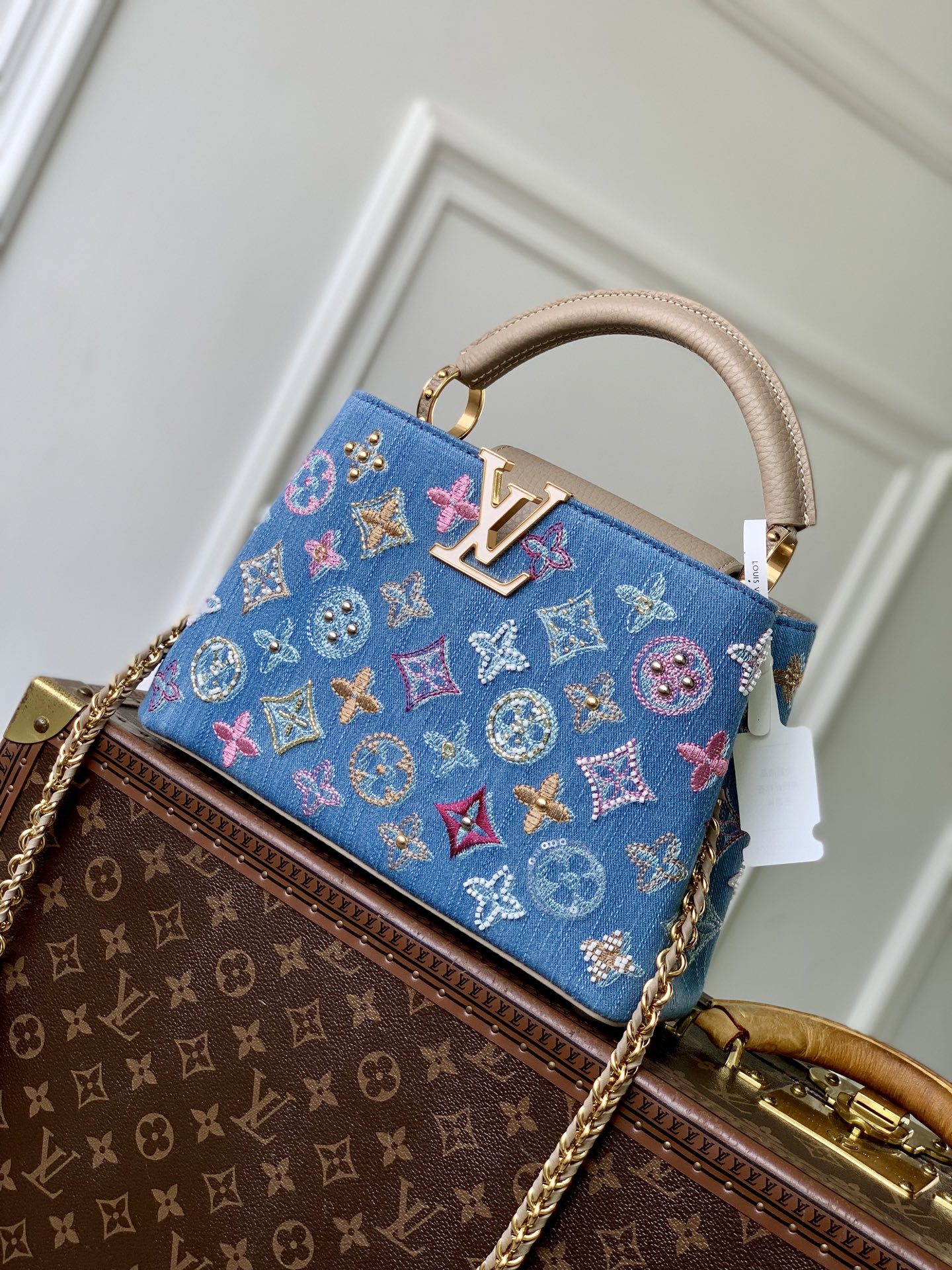 LV 原單 牛仔刺繡手提包 彩色老花鏈條迷你包