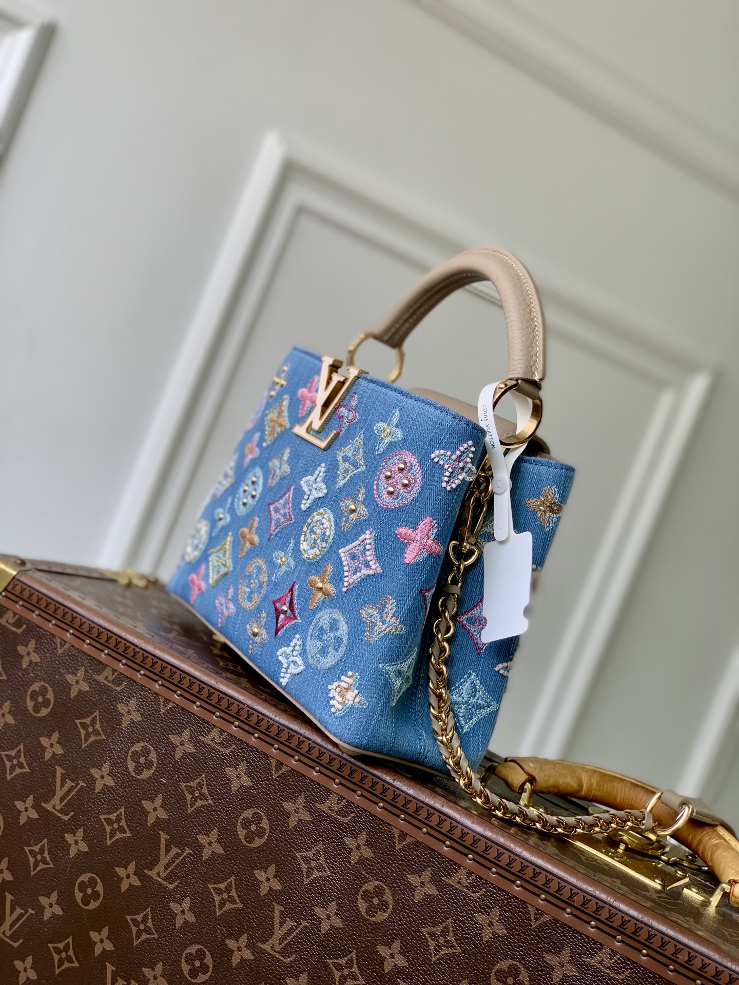 LV 原單 牛仔刺繡手提包 彩色老花鏈條迷你包
