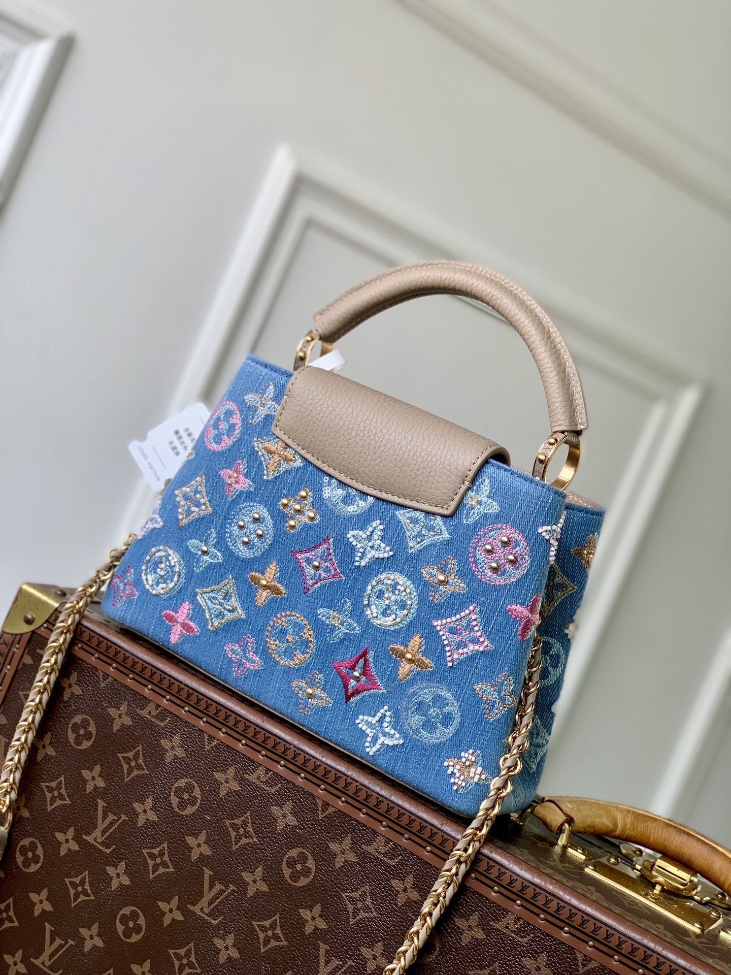 LV 原單 牛仔刺繡手提包 彩色老花鏈條迷你包