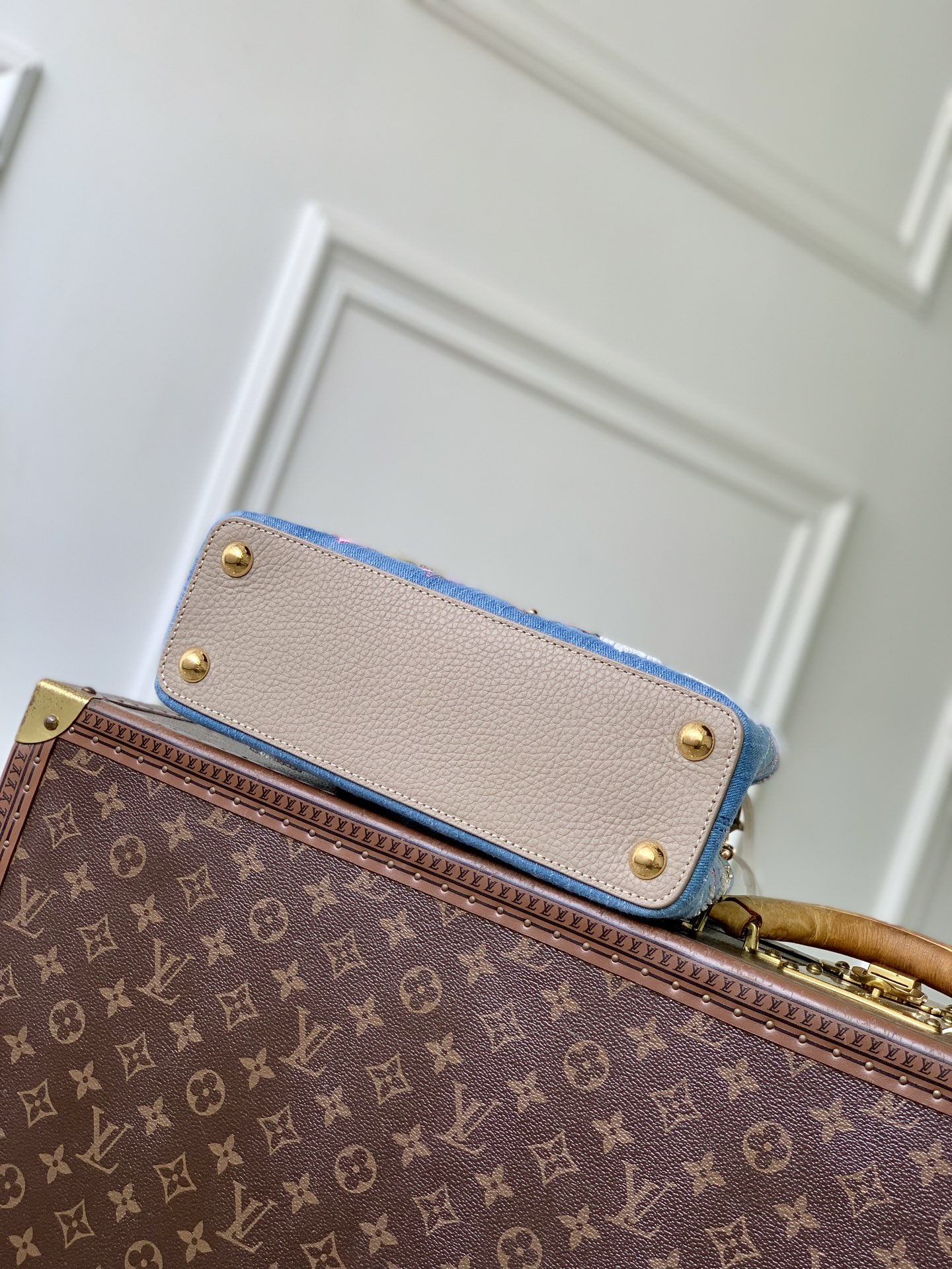 LV 原單 牛仔刺繡手提包 彩色老花鏈條迷你包