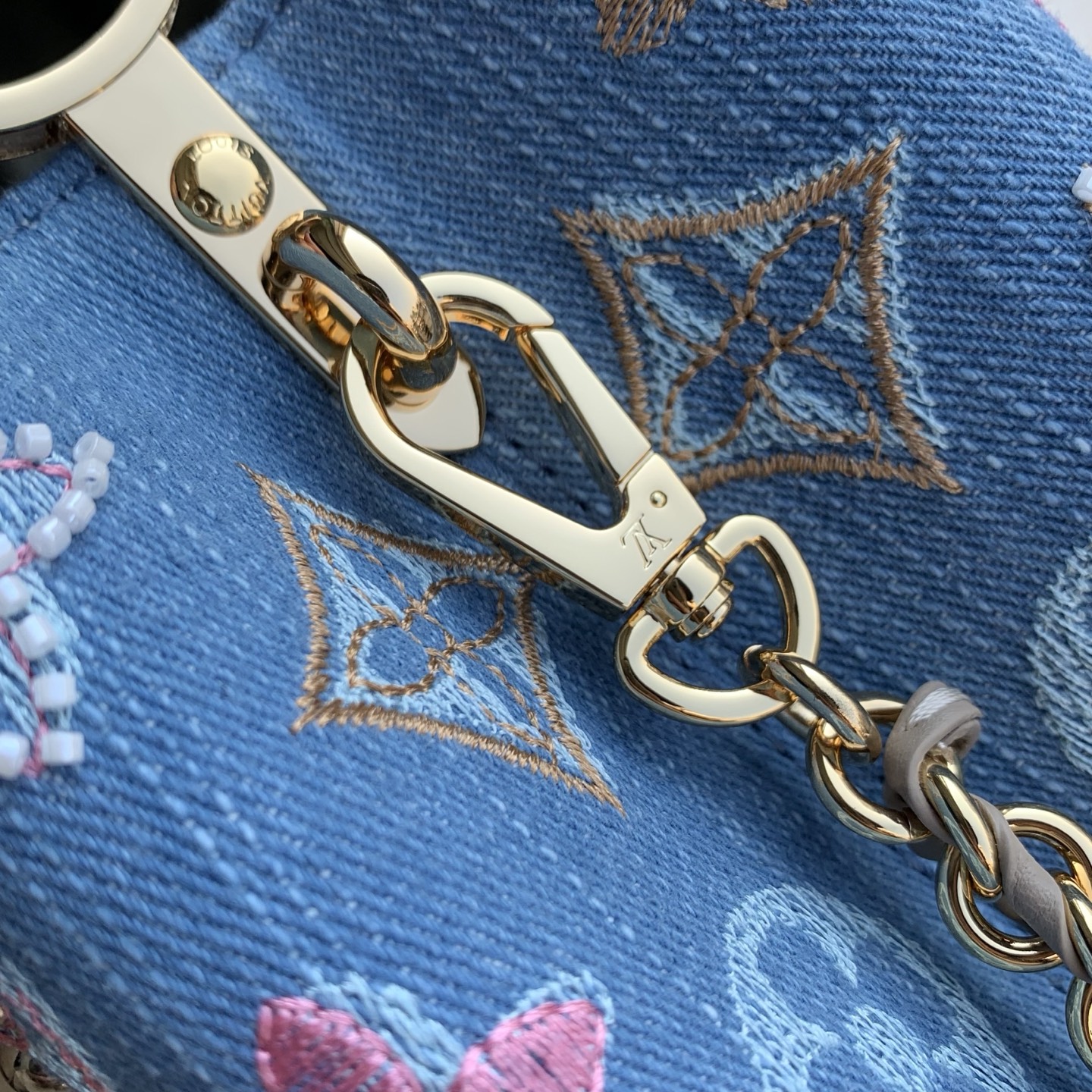 LV 原單 牛仔刺繡手提包 彩色老花鏈條迷你包