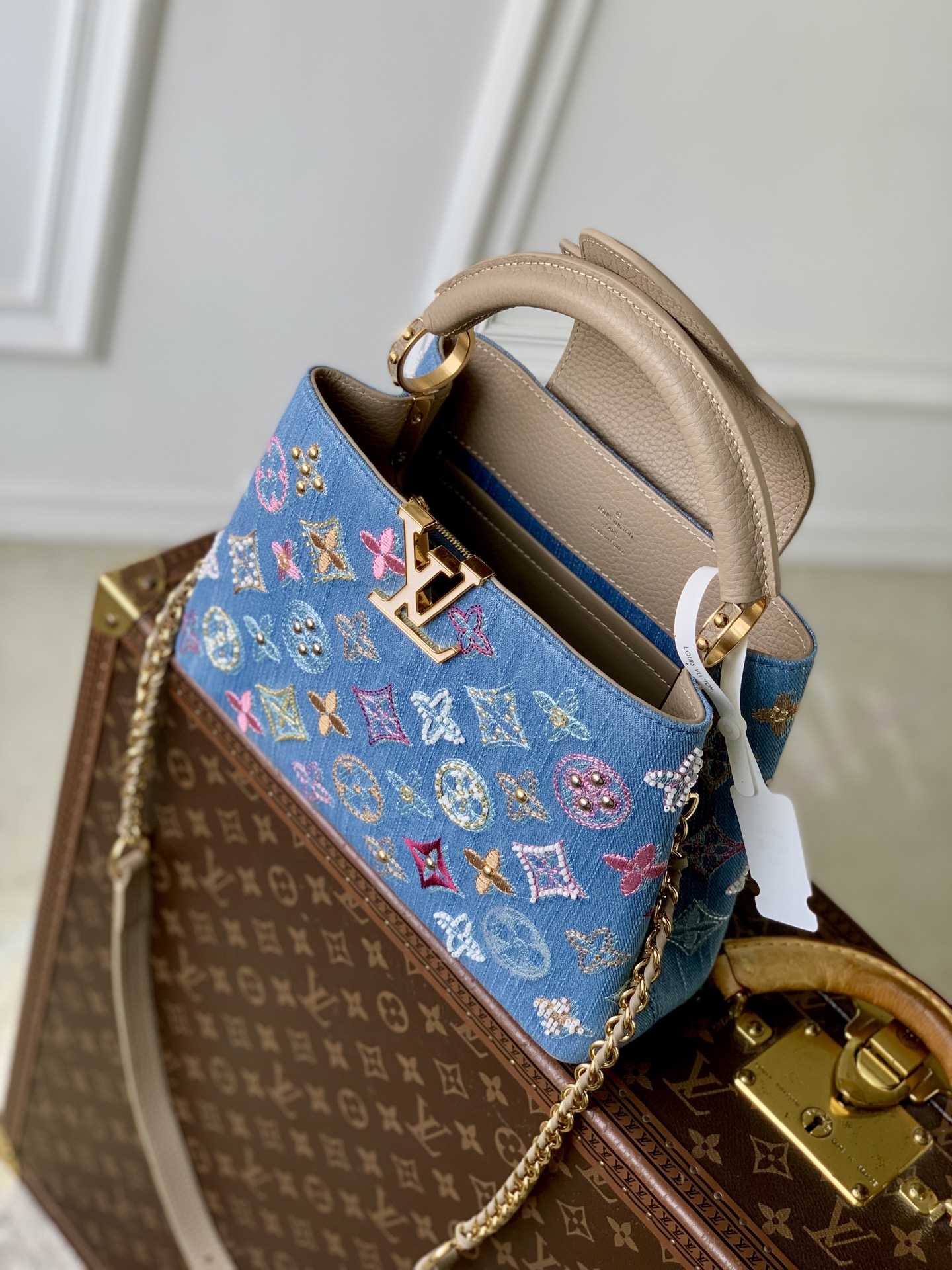 LV 原單 牛仔刺繡手提包 彩色老花鏈條迷你包