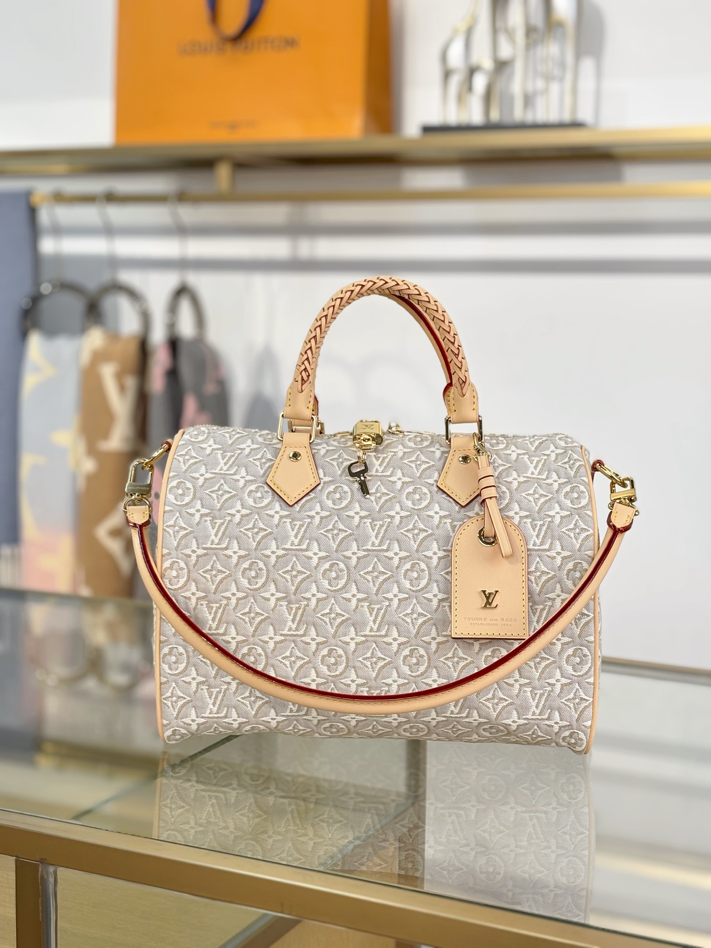 LV A貨 米白老花Speedy手提包 編織手柄斜挎包
