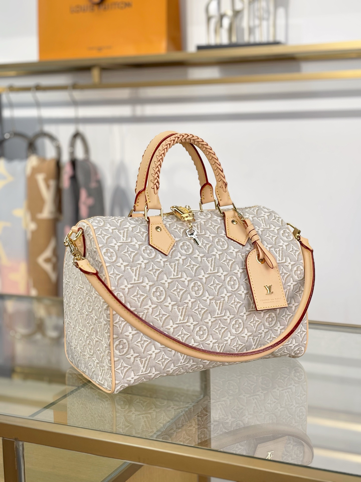 LV A貨 米白老花Speedy手提包 編織手柄斜挎包