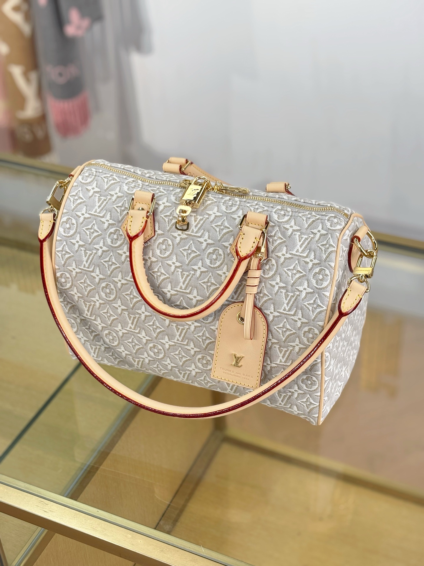LV A貨 米白老花Speedy手提包 編織手柄斜挎包