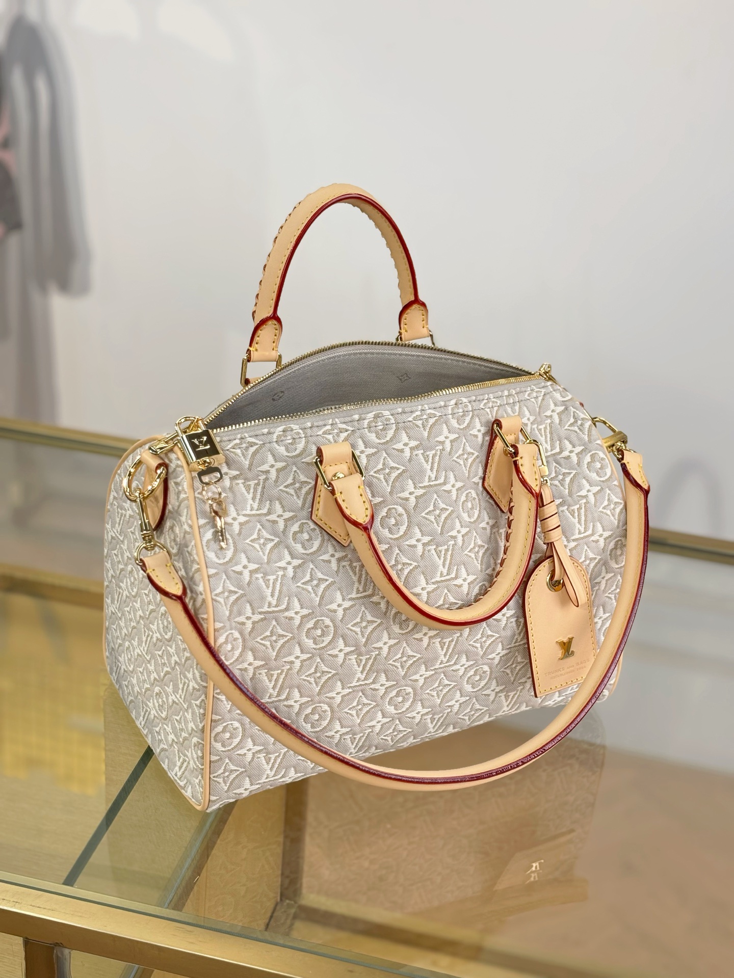 LV A貨 米白老花Speedy手提包 編織手柄斜挎包