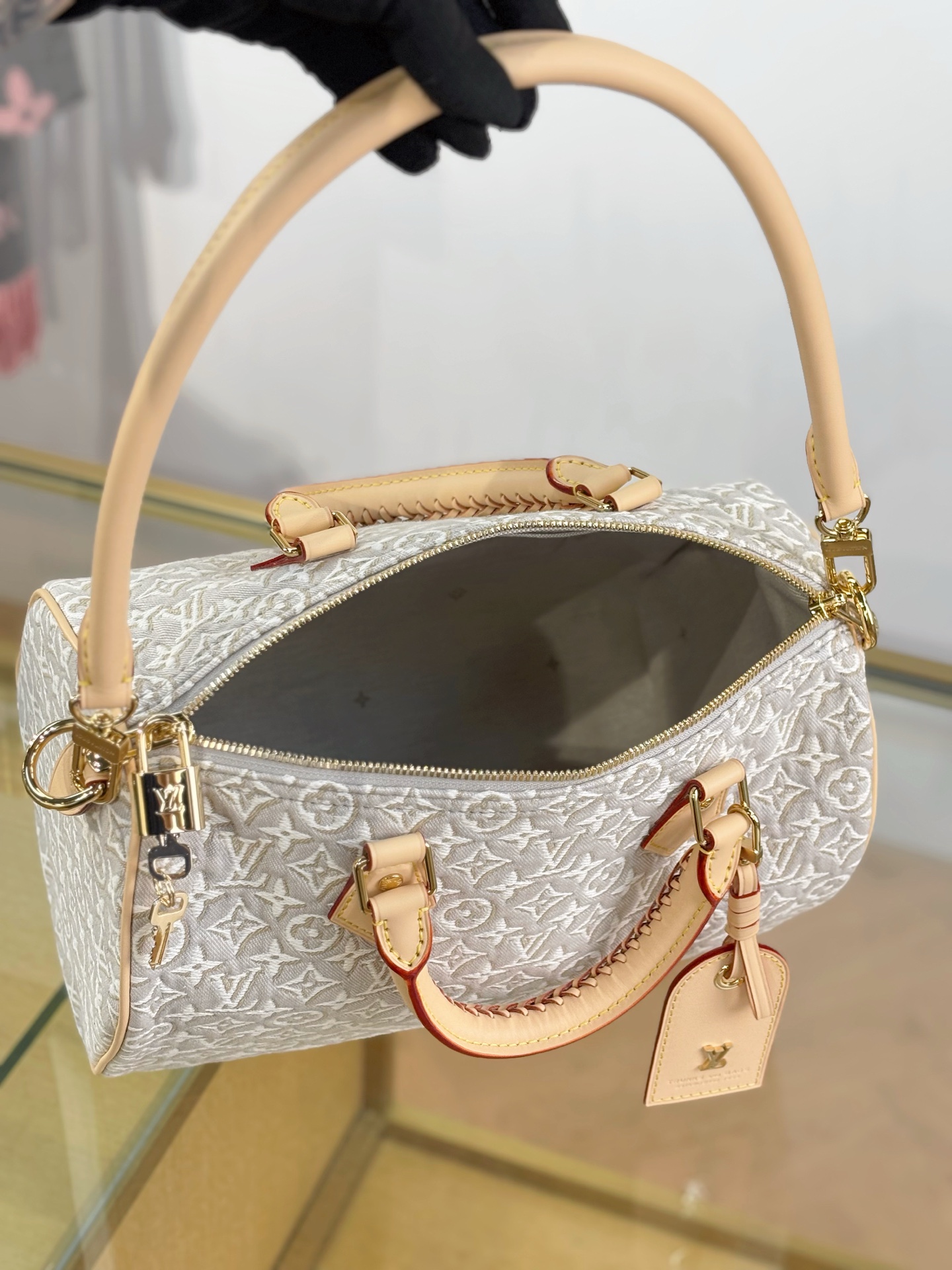 LV A貨 米白老花Speedy手提包 編織手柄斜挎包