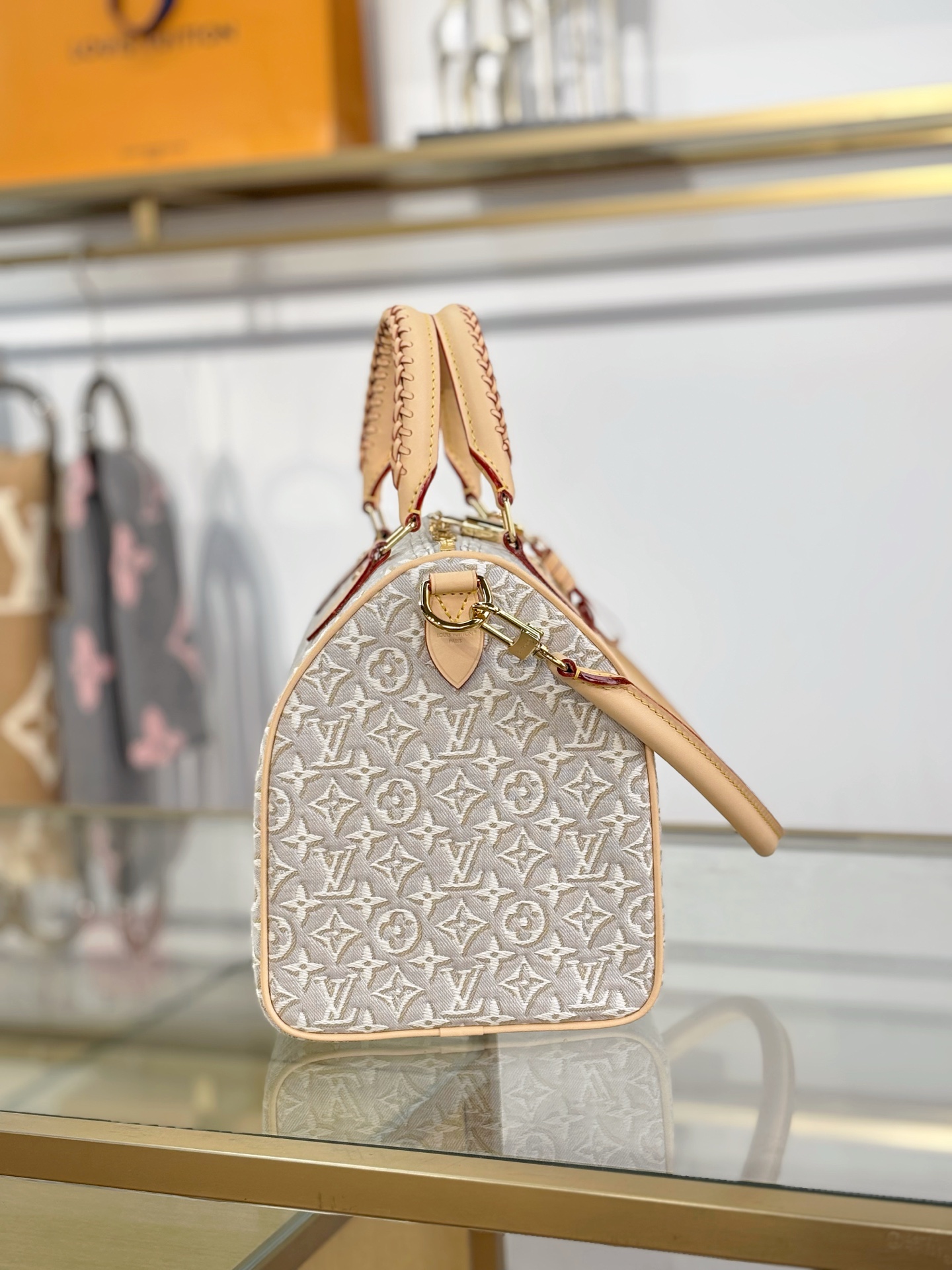 LV A貨 米白老花Speedy手提包 編織手柄斜挎包