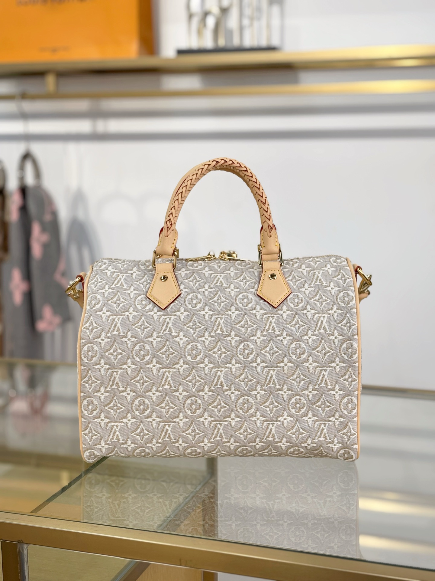 LV A貨 米白老花Speedy手提包 編織手柄斜挎包