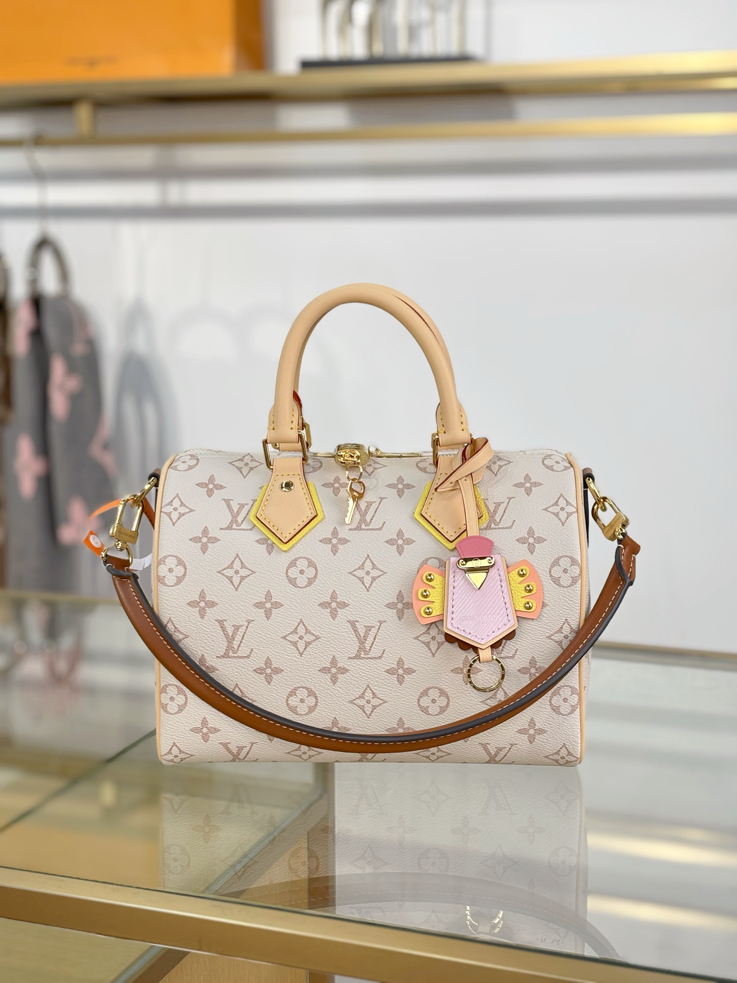 LV 一比一Speedy米白老花手提包 波士頓包斜挎兩用款