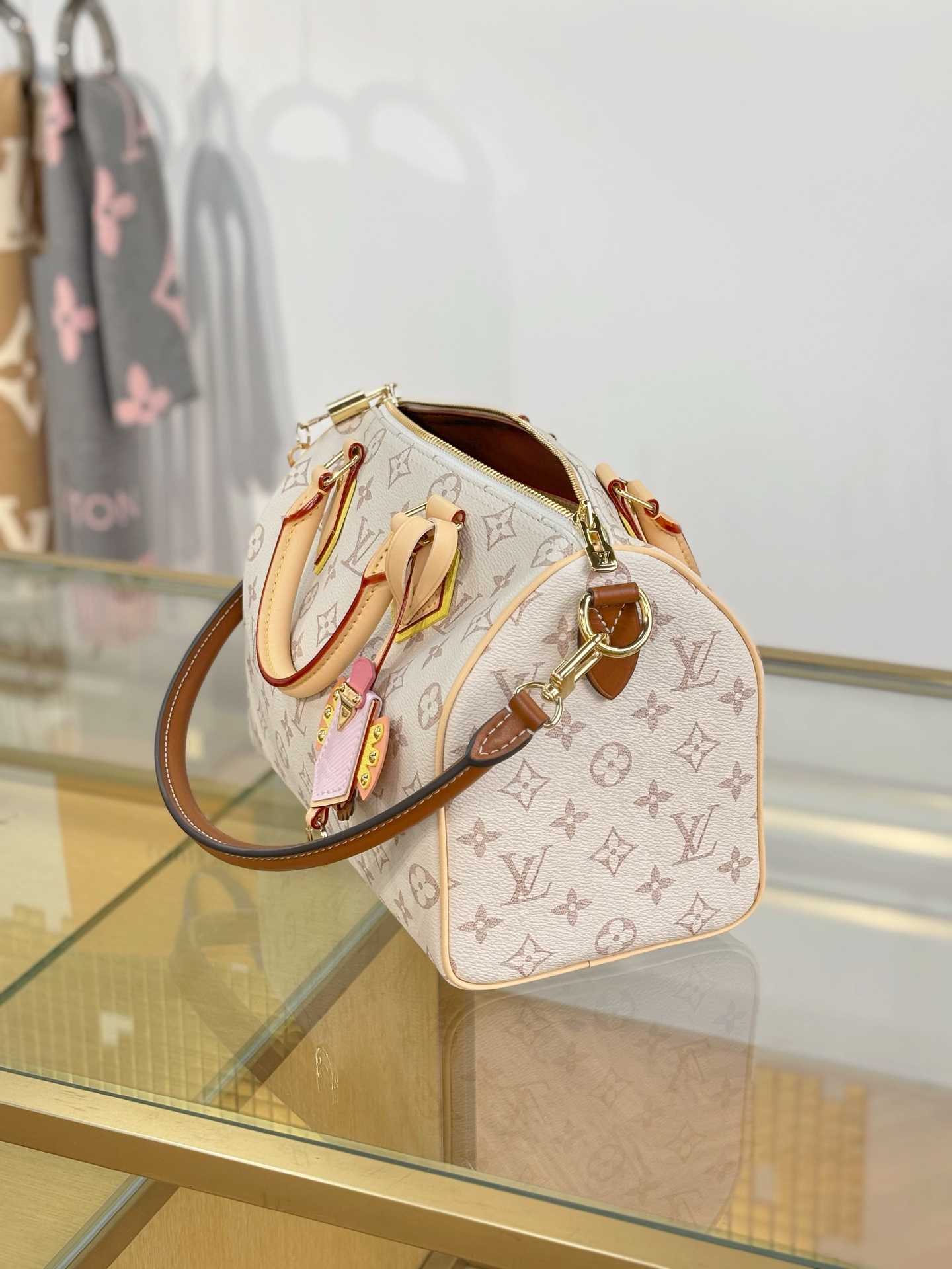 LV 一比一Speedy米白老花手提包 波士頓包斜挎兩用款