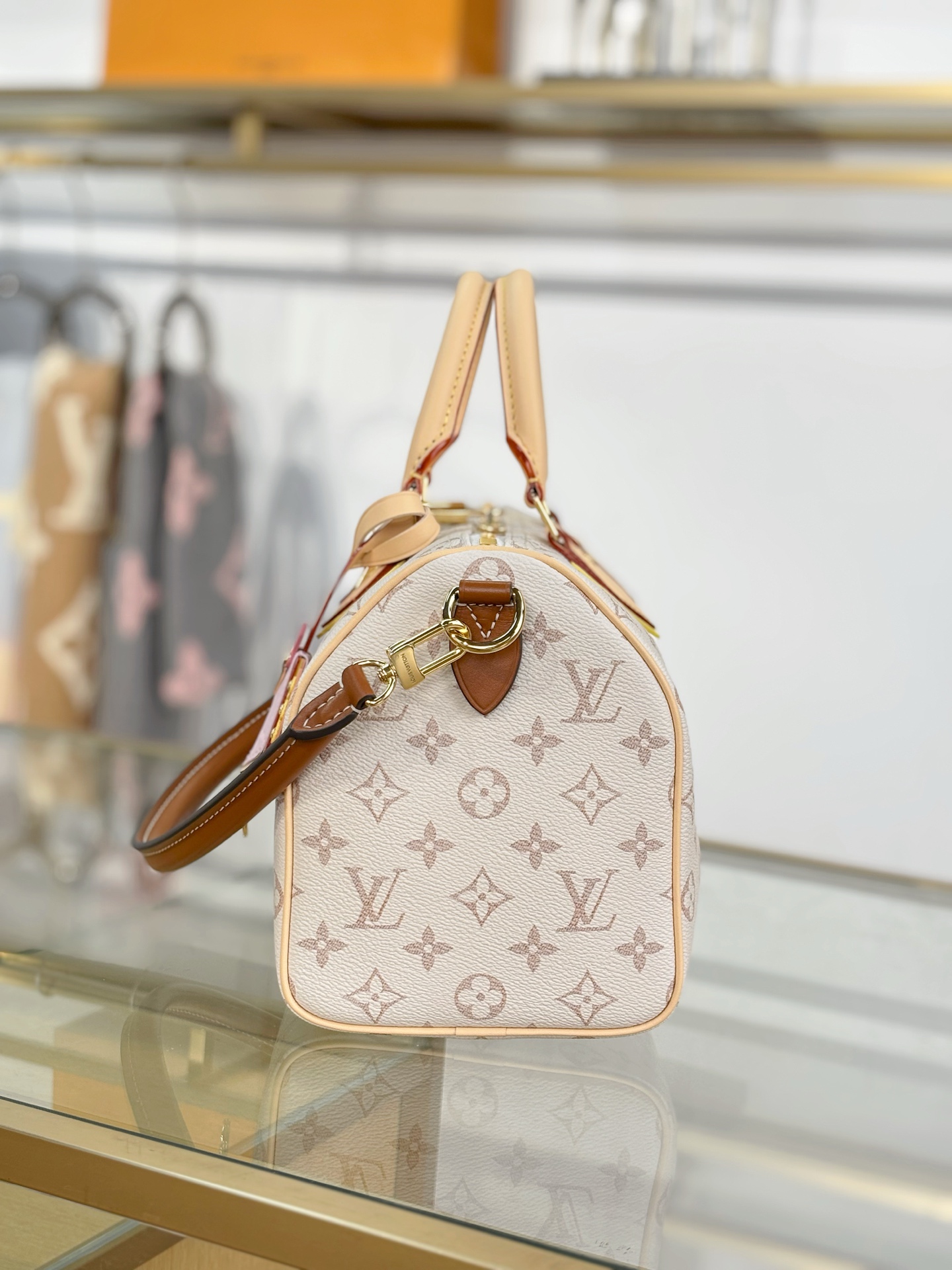 LV 一比一Speedy米白老花手提包 波士頓包斜挎兩用款