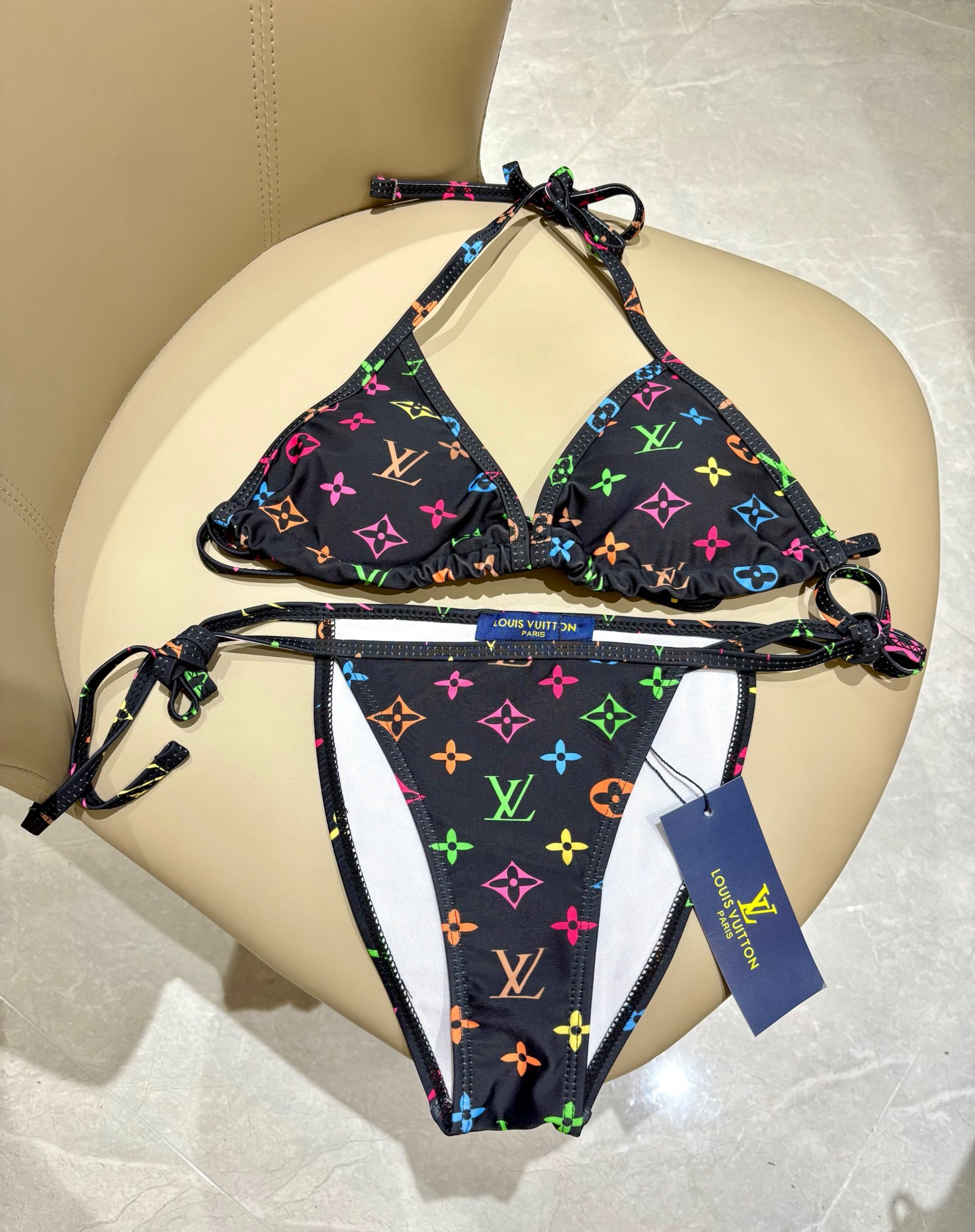 LV 高仿 彩虹老花比基尼套装 性感綁帶分体泳衣