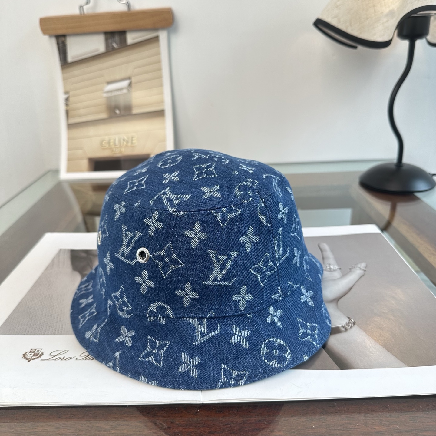 LV高仿牛仔藍老花漁夫帽 Monogram提花休閒百搭遮陽帽