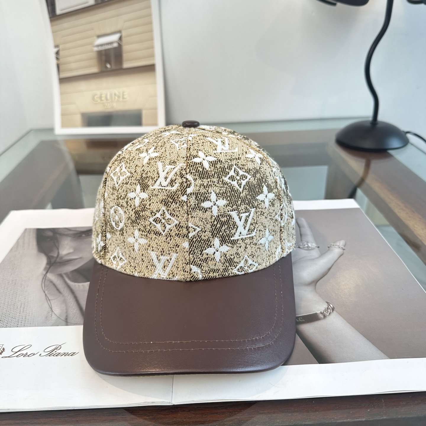 LV高仿卡其老花拼皮棒球帽 Monogram經典百搭遮陽帽