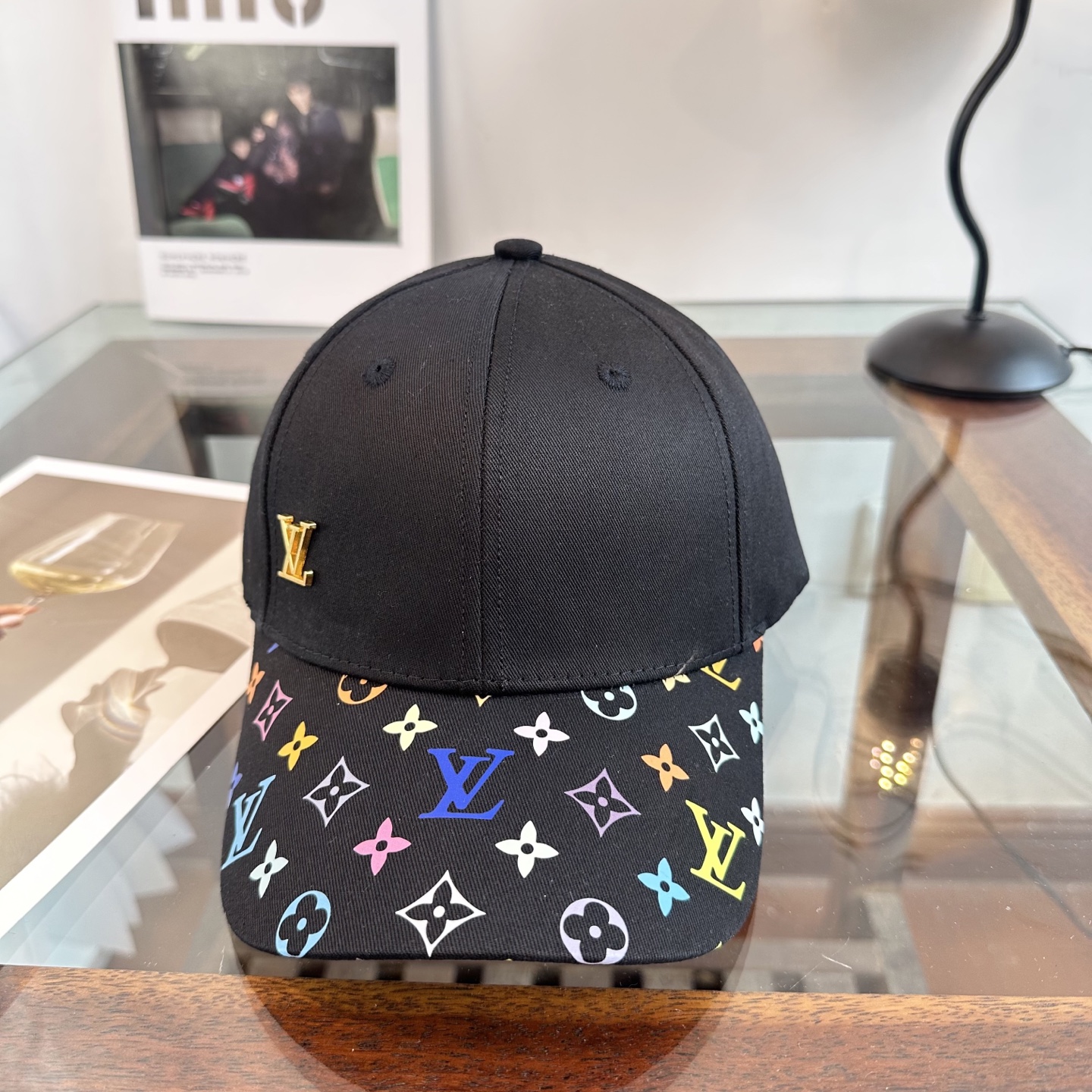LV原單黑彩虹老花拼色棒球帽 彩色Monogram潮流鴨舌帽