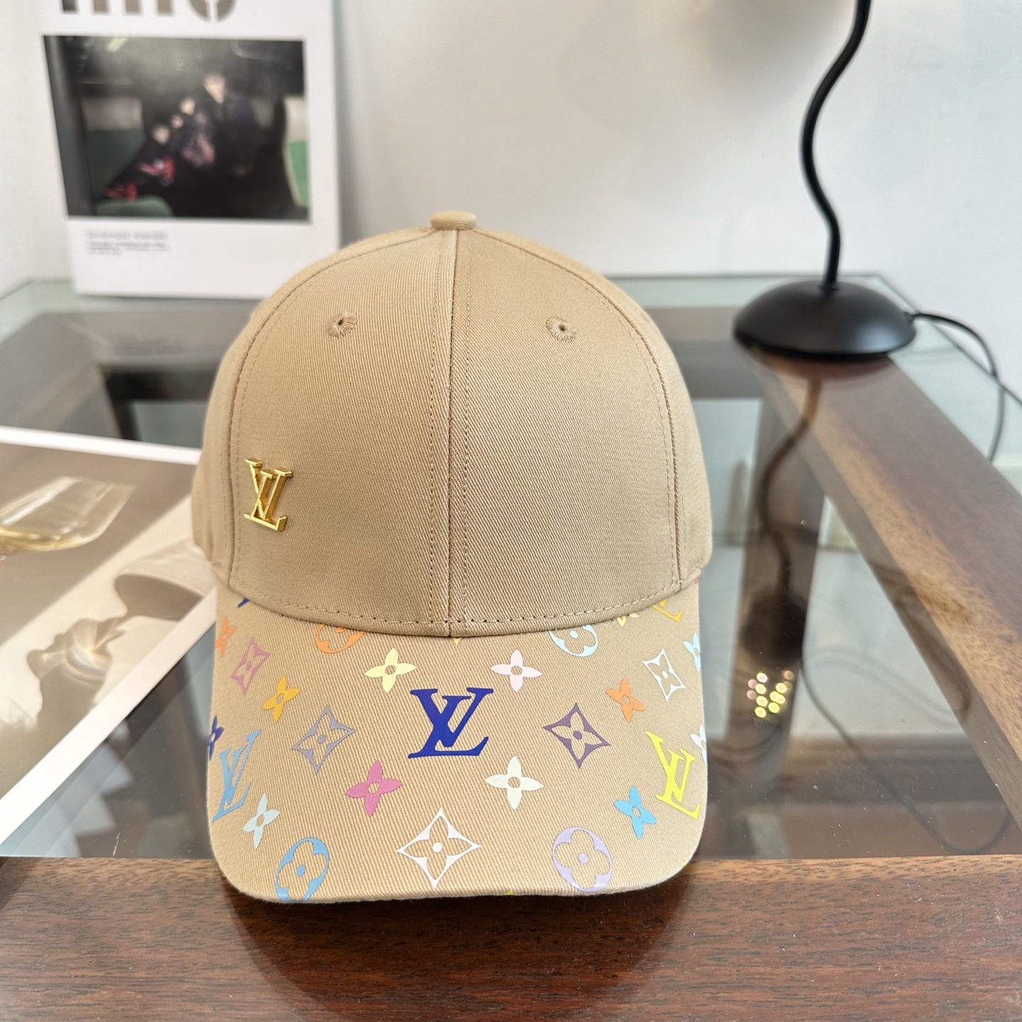 LV高仿卡其彩色老花拼接棒球帽 潮流百搭遮陽帽