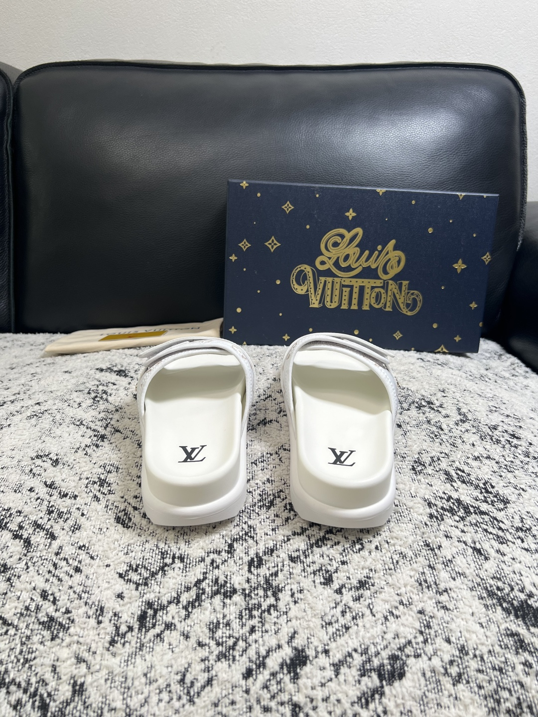LV一比一魔術貼拖鞋 白色Monogram印花休閒百搭厚底涼拖